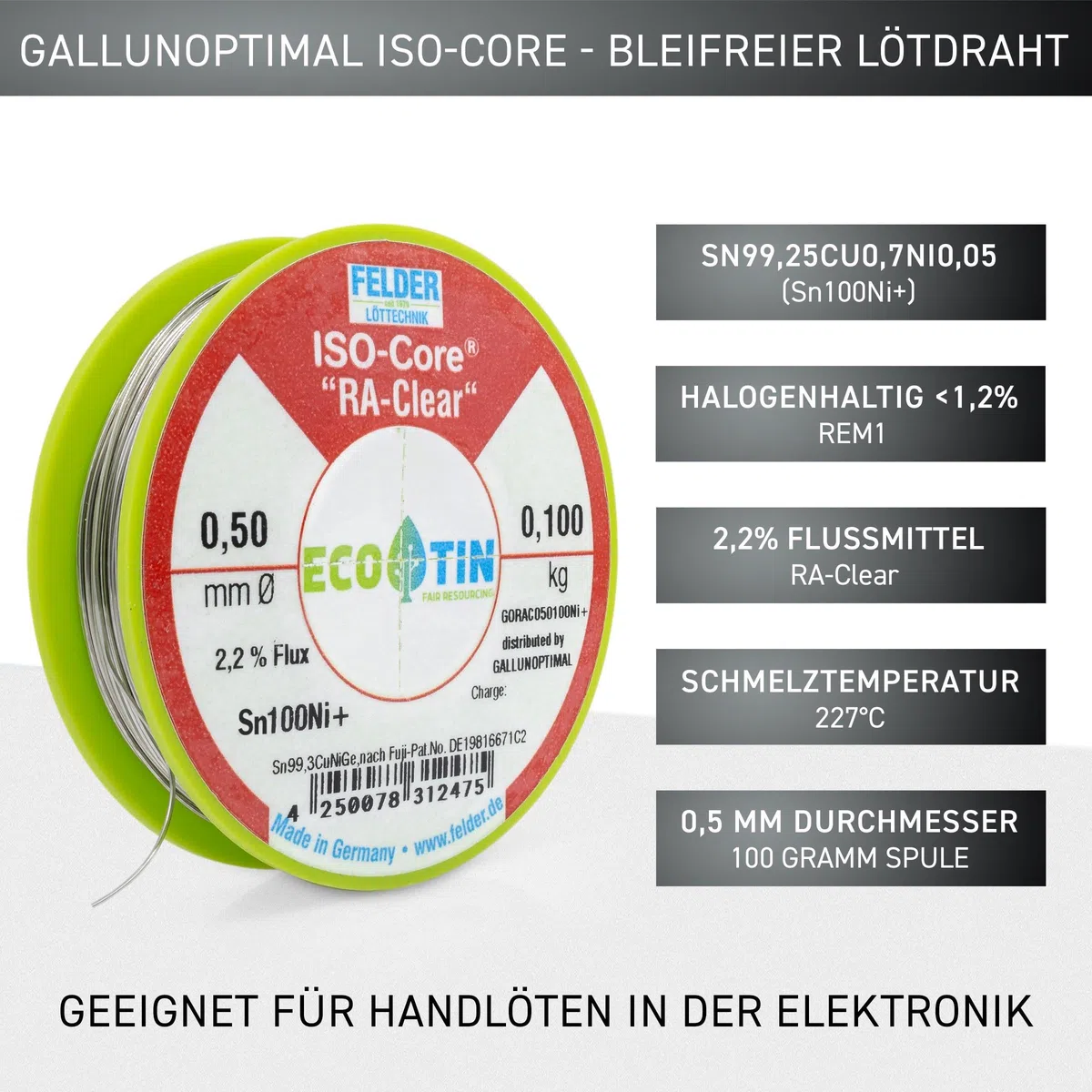 by FELDER Lötdraht Sn100Ni+ für stärker oxidierte Lötstellen | 0,5mm | 100g Spule | bleifrei mit 2,2% Flussmittel RA-Clear | REM1 | für Elektronik, Kabel und elektrische Anwendungen