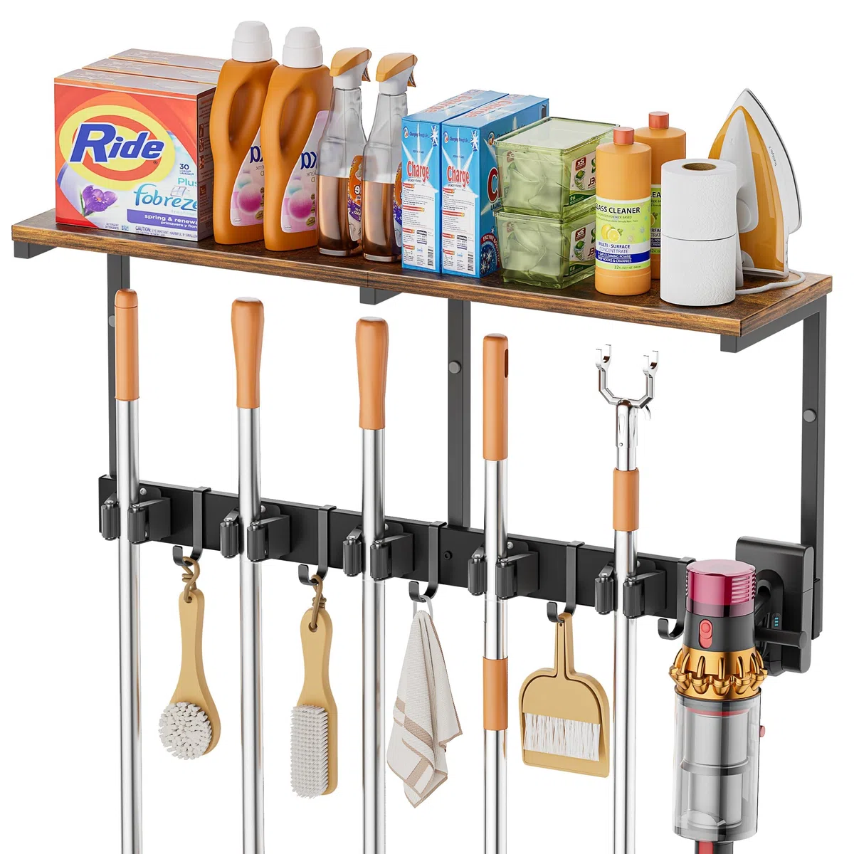 Besenhalterung Wand, Besenhalter mit 6 Halter und 4 Haken, Wandhalterung Besen mit Regal, Gerätehalter Wandhalterung, Gartengerätehalter für Waschküche Ordnungssystem Double-Sided