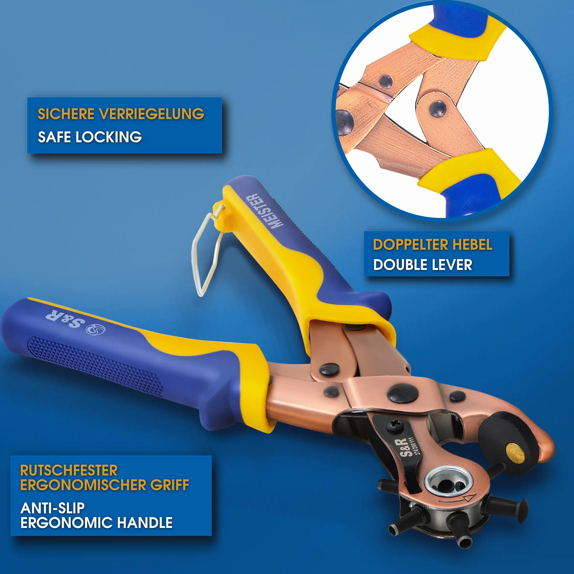 S&R Ergonomische Revolverlochzange aus Kohlenstoffstahl – Präzise Stanzzange mit Rund- und Oval-Locheisen, Größen 2-4,5 mm, für Leder, Gürtel, Schuhe, Sattel, Plastik
