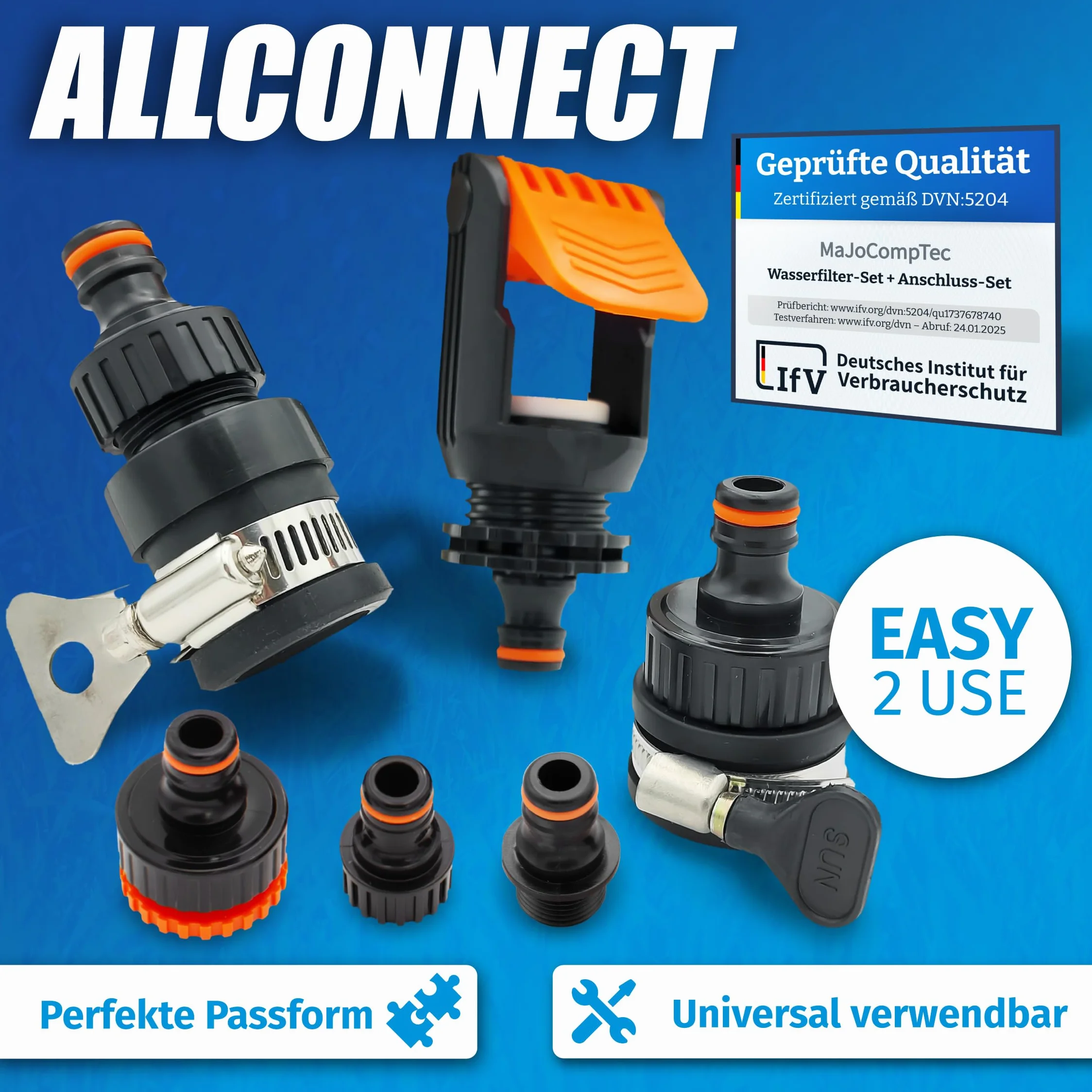 MaJoCompTec® ALLCONNECT universal Wasserhahn Anschluss Set | verstellbarer Wasser Hahnanschluss für Aussenhahn ohne Gewinde | Wohnmobil Caravan Boot Adapter Set (Wasserdieb-Set)