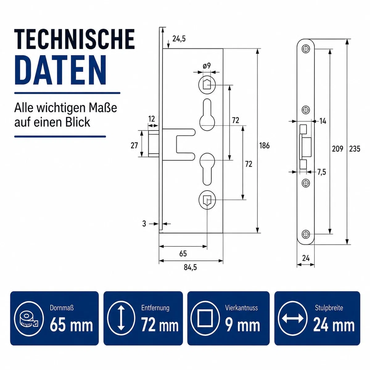 FH-Einsteckschloss 65/72/9 für Brandschutz- & Stahltüren, T30/T90, DIN links/rechts, Dornmaß 65 mm, Entfernung 72 mm, Vierkant 9 mm, Stulp 24 x 235 mm, verzinkt - Hersteller ISEO