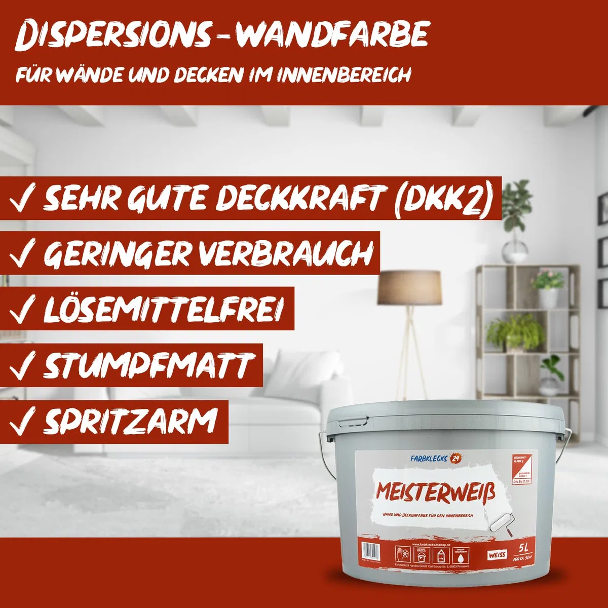 Meisterweiß (versch. Größen) Wandfarbe, weiss (2,5L), hohe Deckkraft