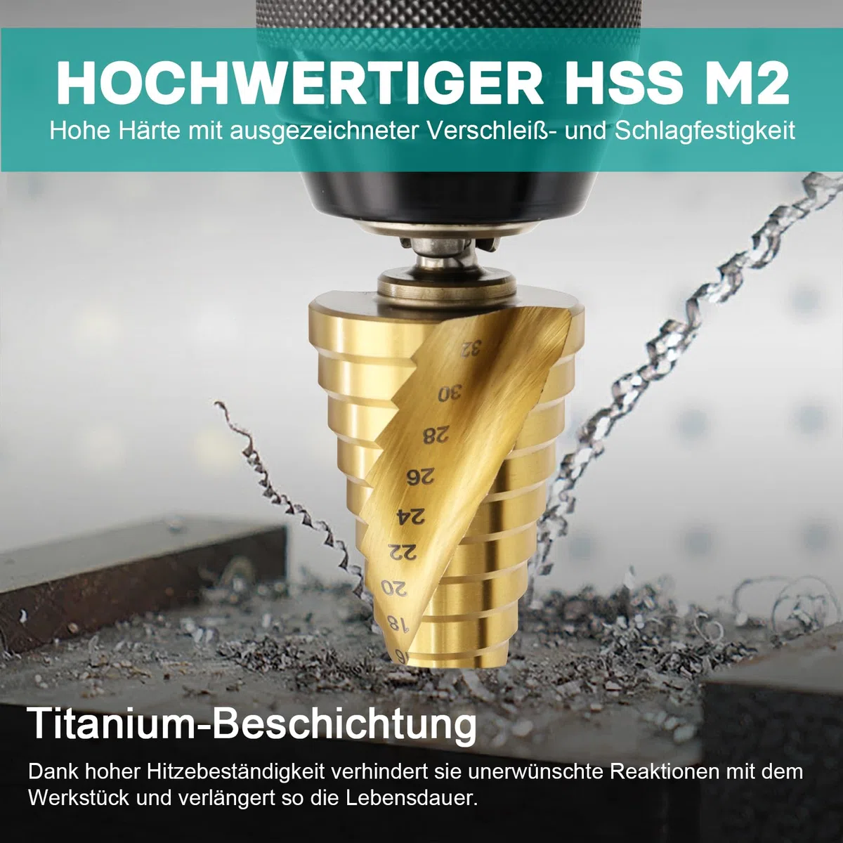 HSS Stufenbohrer, 3-tlg Stufenbohrer Set, Titan-beschichtete, 6.35mm Sechskant, Exact Spiralnut Kegelbohrer, 4 mm bis 12/20/32mm Profi Metallbohrer Bohrer Satz für Metall, Messing, Holz, Kunststoffe