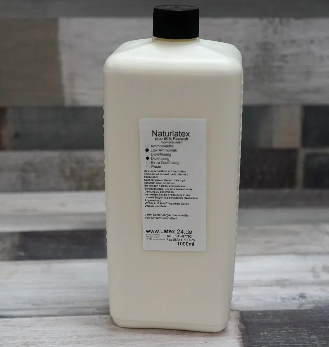Latex-24 Flüssiglatex Dickflüssig, 1 Liter, Low-Ammoniak, Naturfarbe, für Abformungen, Formenbau, Textil-Beschichtungen, Filzen, ABS, LARP, Gummi, Semi-Transparent