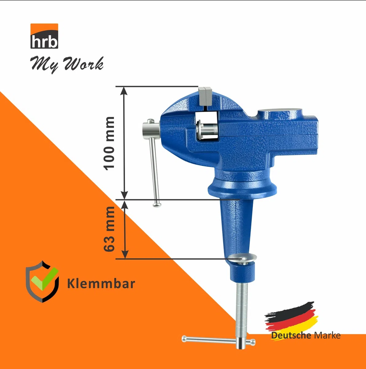 HRB Schraubstock 70 mm klemmbar für Werkbank, Schraubstock klein und drehbar massiv gefertigt mit Hammerschlaglackierung versehen, Feinmechanikerschraubstock