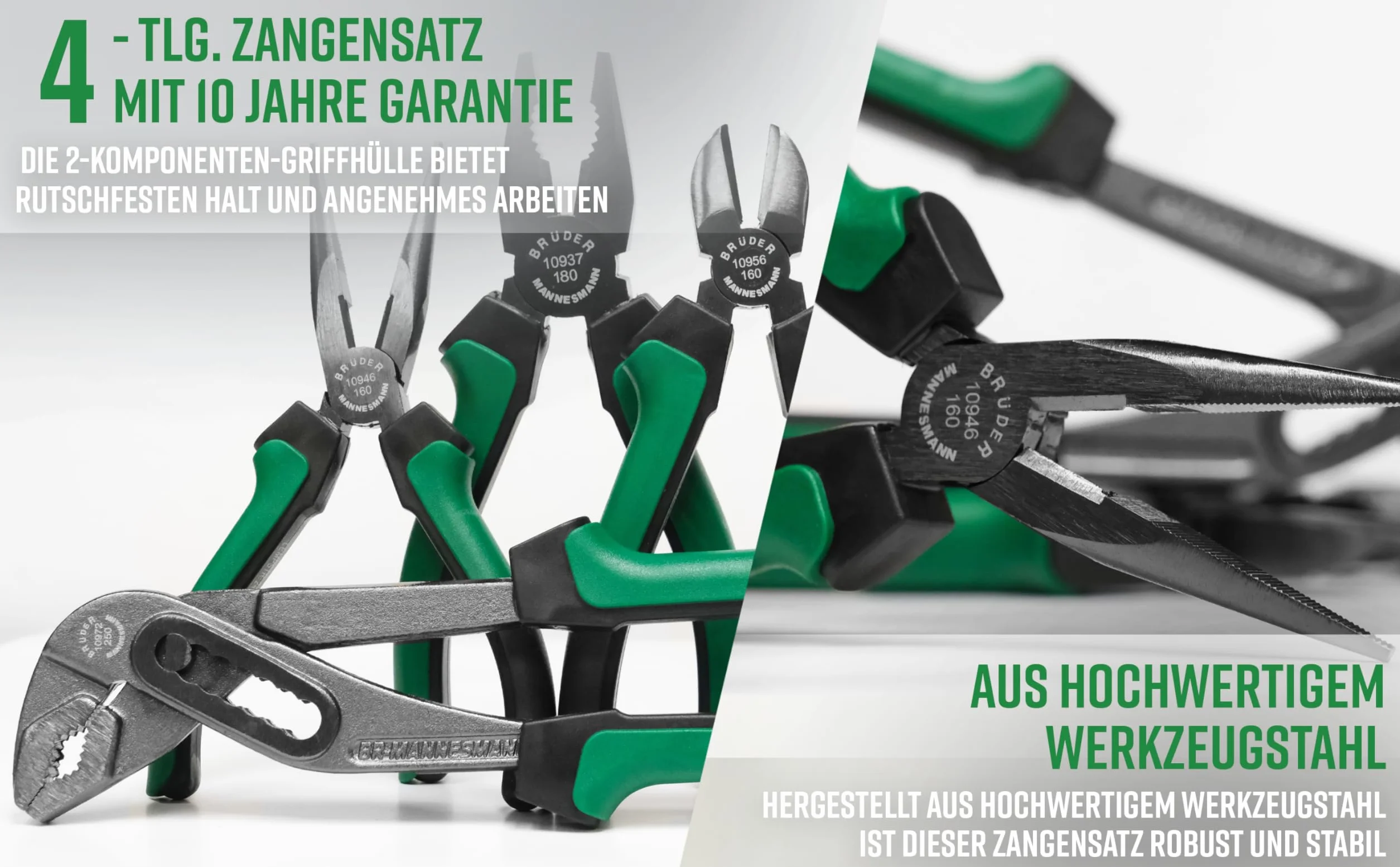 Brüder Mannesmann Zangensatz - 4-teiliges Zangenset mit Seitenschneider, Spitzzange, Kombizange und Wasserpumpenzange - robustes Werkzeugset aus hochwertigem Werkzeugstahl | M10997