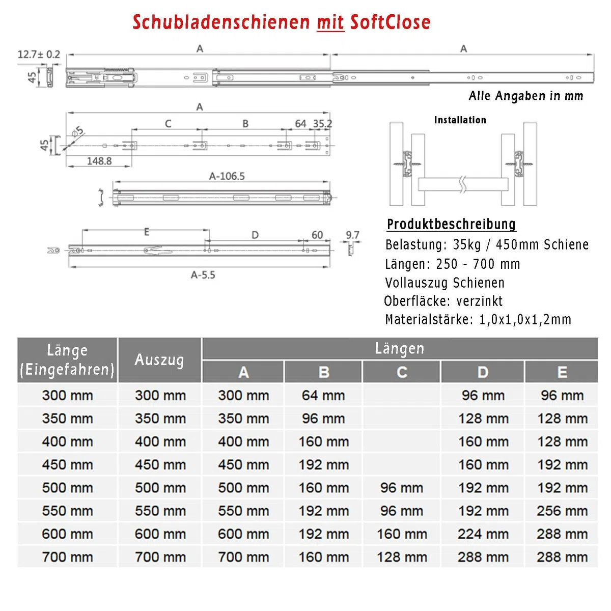 BRESKO 1 Paar (2 Stk.) Schubladenschienen 30-70 cm Vollauszug mit und ohne SoftClose Selbsteinzug Kugelführung (45cm mit SoftClose)