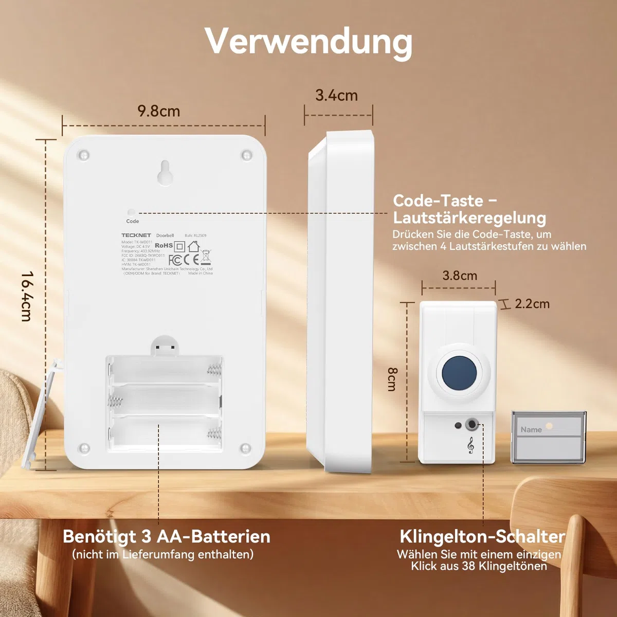 TECKNET Funkklingel Batteriebetrieben, 130 dB Laut Kabellose Türklingel, IP65 Wasserdicht Haustür Klingel Set mit 400 m Reichweite, 38 Melodien auf 4 Stufen Volumes für Hörgeschädigte oder Senioren