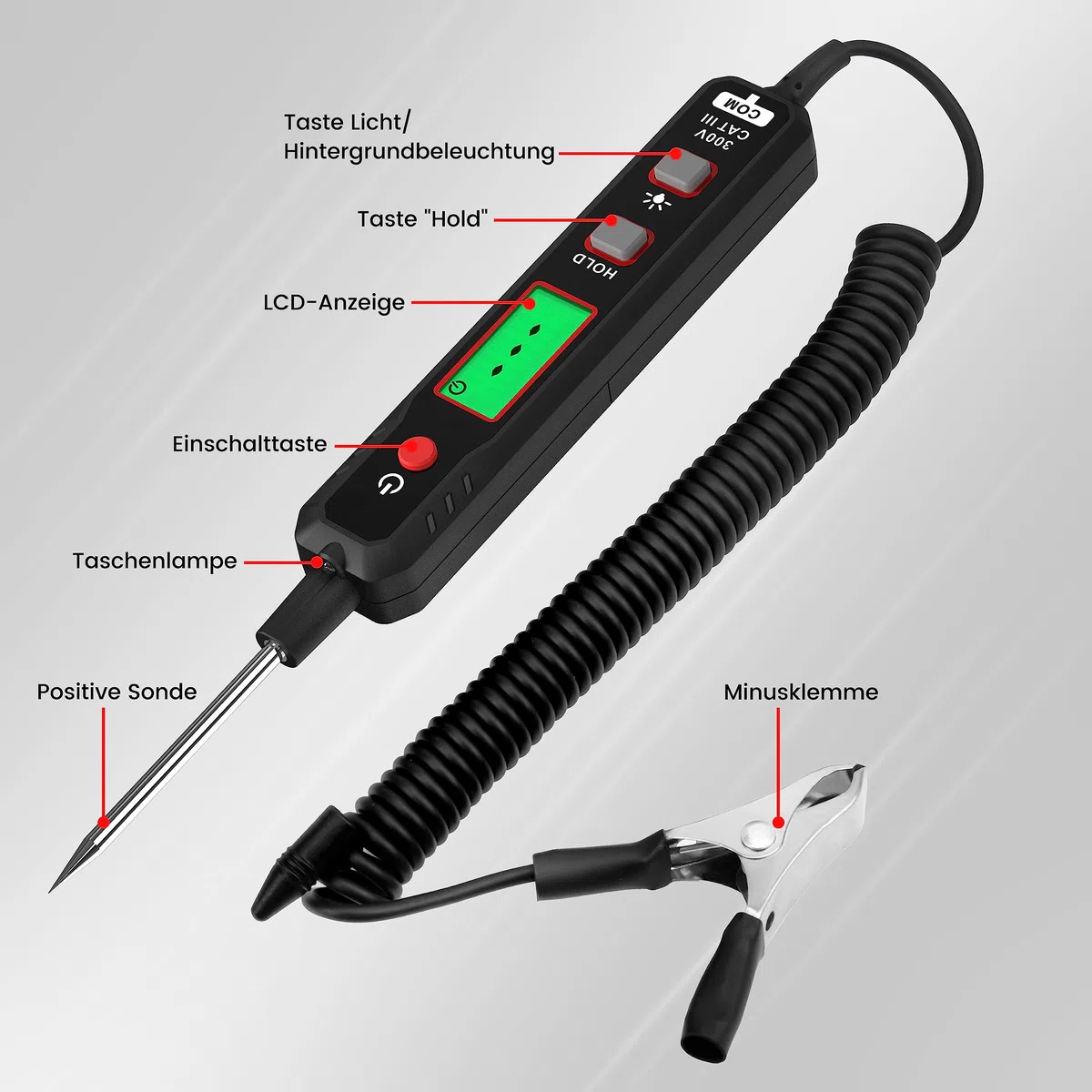 KAIWEETS Smart Auto Spannungsprüfer Stift, 0,8V-100V DC mit Hintergrundbeleuchtung, Digital prüflampe kfz mit Taschenlampe Maßnahmen Polarität Kontinuität, für Autobatterie