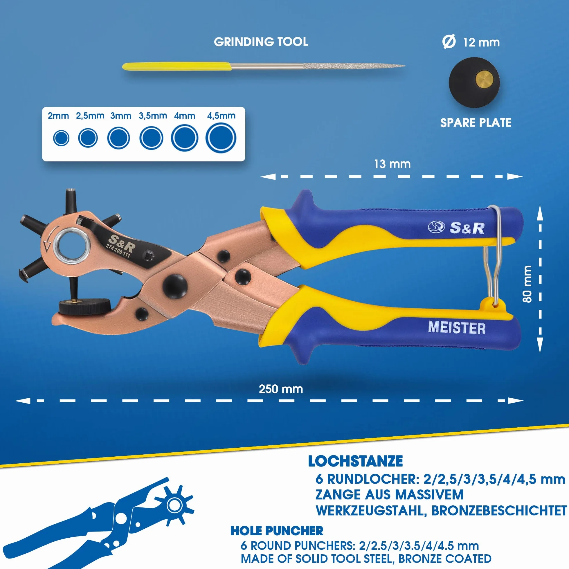S&R Ergonomische Revolverlochzange aus Kohlenstoffstahl – Präzise Stanzzange mit Rund- und Oval-Locheisen, Größen 2-4,5 mm, für Leder, Gürtel, Schuhe, Sattel, Plastik