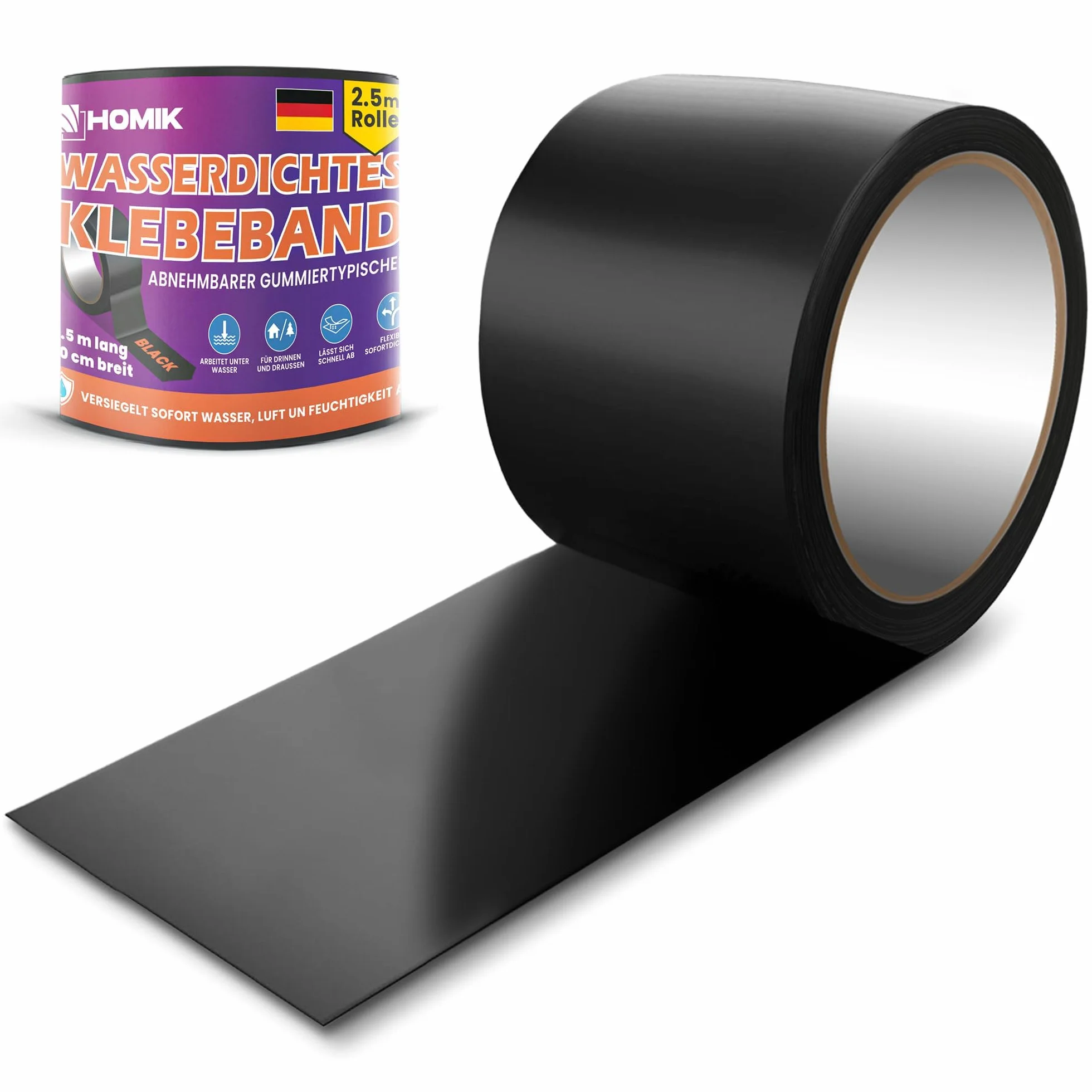 Schwarzes Wasserdichtes Klebeband Ultra Stark 10cm x 2.5m – Reparaturband Wasserdicht für glatte Oberflächen, Abdichtband Wasserfest, UV Bes