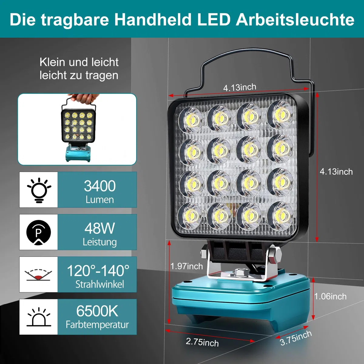 Akku Lampe Für Makita 18v, 48W Kabellose Led Arbeitsleuchte Akku, Hell Led Strahler Tragbares Flutlichter Baustellen Lampe,Akku Scheinwerfer mit Typ C und USB-Aufladung (No Akku)