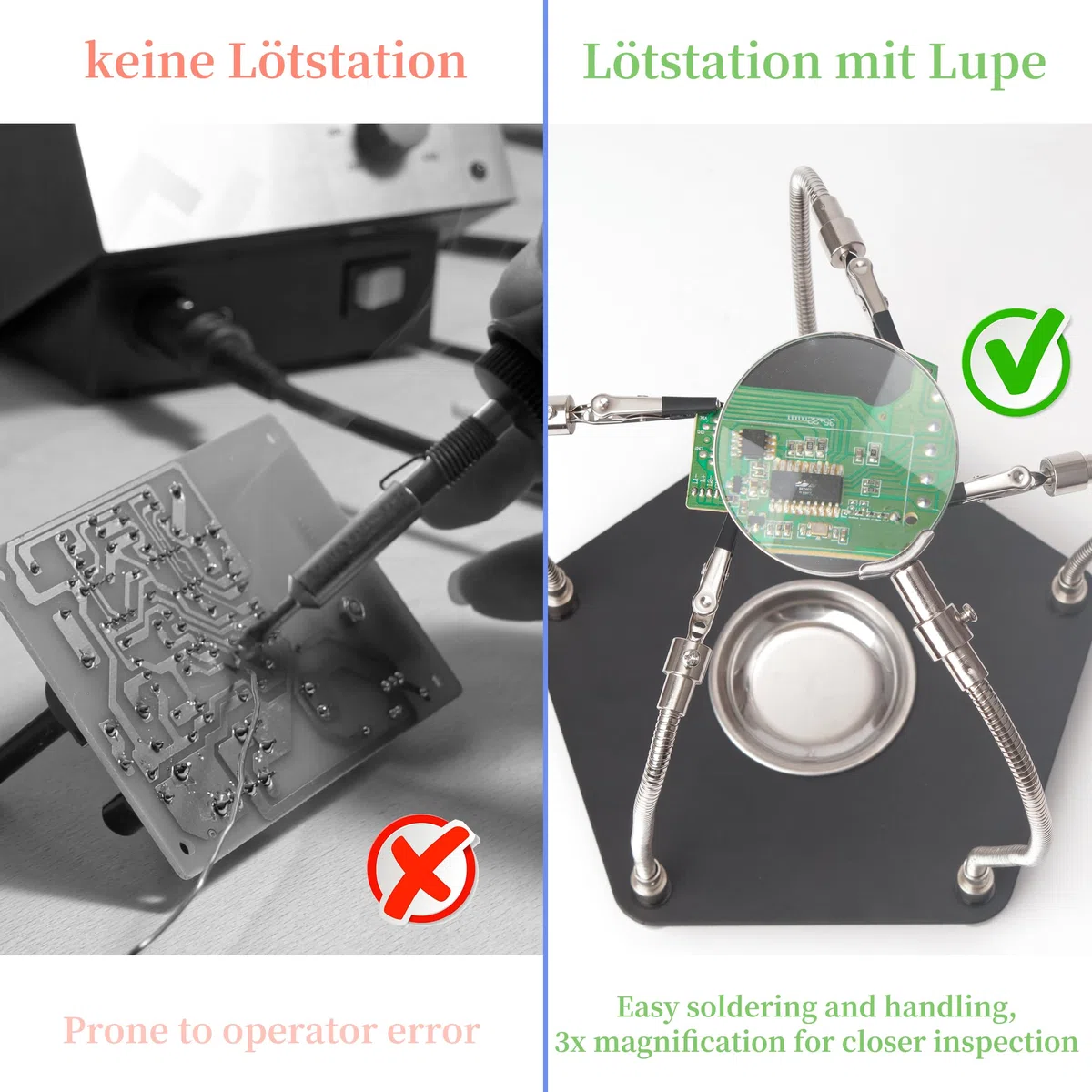 Dritte Hand Löten, Platinenhalter mit Lupe zum Löten, Modellbau Zubehör 4 Arms Helfende Hand Löten Leiterplattenhalter Werkzeug für Handwerk Schmuck Hobby Werkstatt