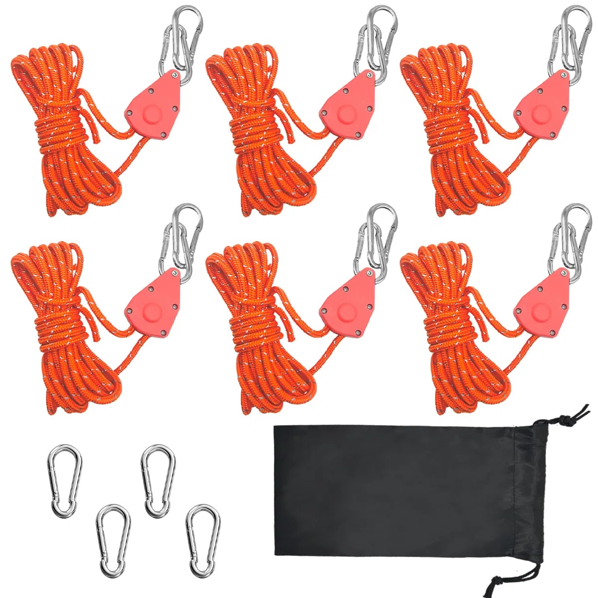 6 Stück Abspannseile mit Seilspanner,4m einstellbare seilratsche mit Haken,4mm Reflektierend Leichte Abspannleine Zeltschnur,für Campingzelte,Sonnensegel, Pflanzenlampe, Grow Light(Orange)