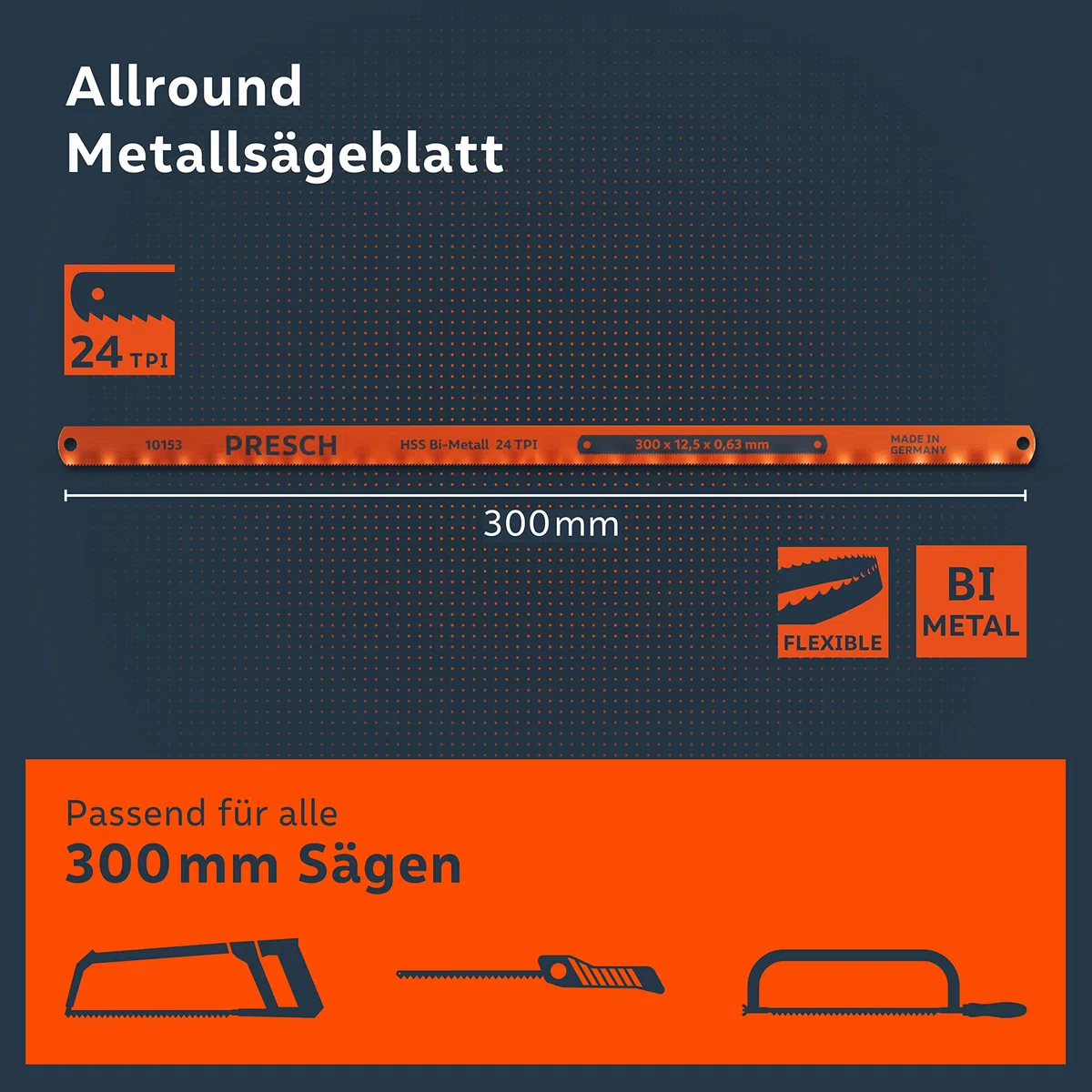 Presch Metallsägeblatt Set 300mm 6 Stk. - Original PUK Sägeblätter für Handsägen - Bi-Metallsägeblatt mit HSS Schneide für NE-Metalle (Kupfer), Edelstähle, Plexiglas, Kunststoffe