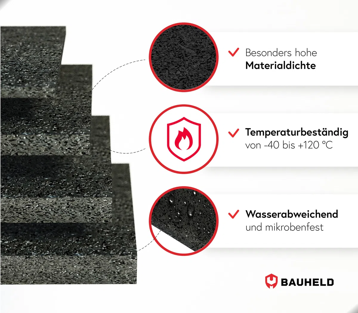BAUHELD Terrassenpads 90x60 x 3mm [70 Stück] - Made in Germany - Antirutsch Bautenschutzmatte aus Gummigranulat - Als Unterlegplatten für Terrassen-Fliesen, WPC Terrassen-Dielen, Stelzlager, Balkon
