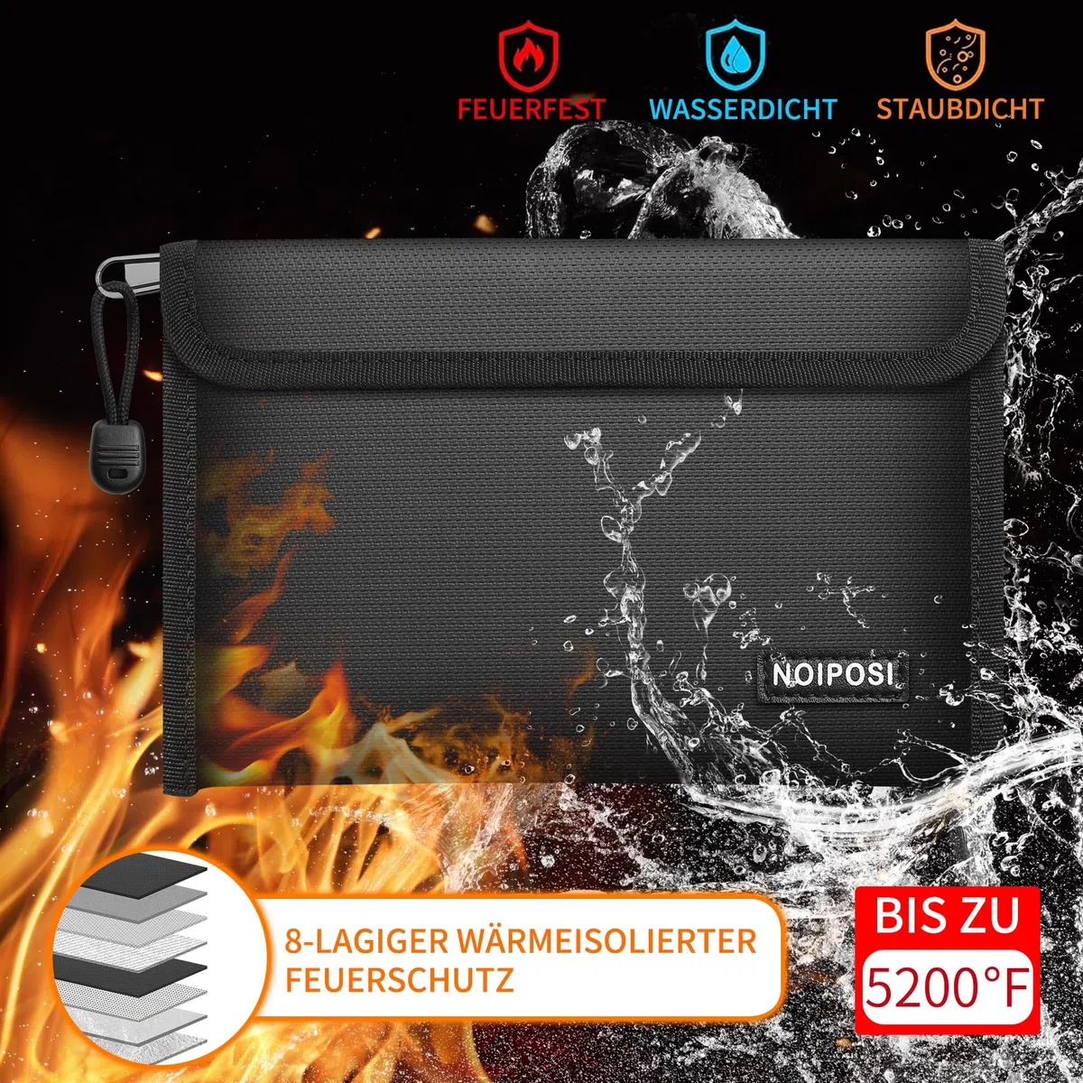 Noiposi 2er Pack Feuerfeste Tasche(21,5x14cm,5200℉), 8-lagige Wärmedämmung Feuerfeste Geldtasche mit Kartenschlitz, Kleine Bargeldbeutel mit Reißverschluss für Bargeld,Quittung,Rechnung,Reisepass