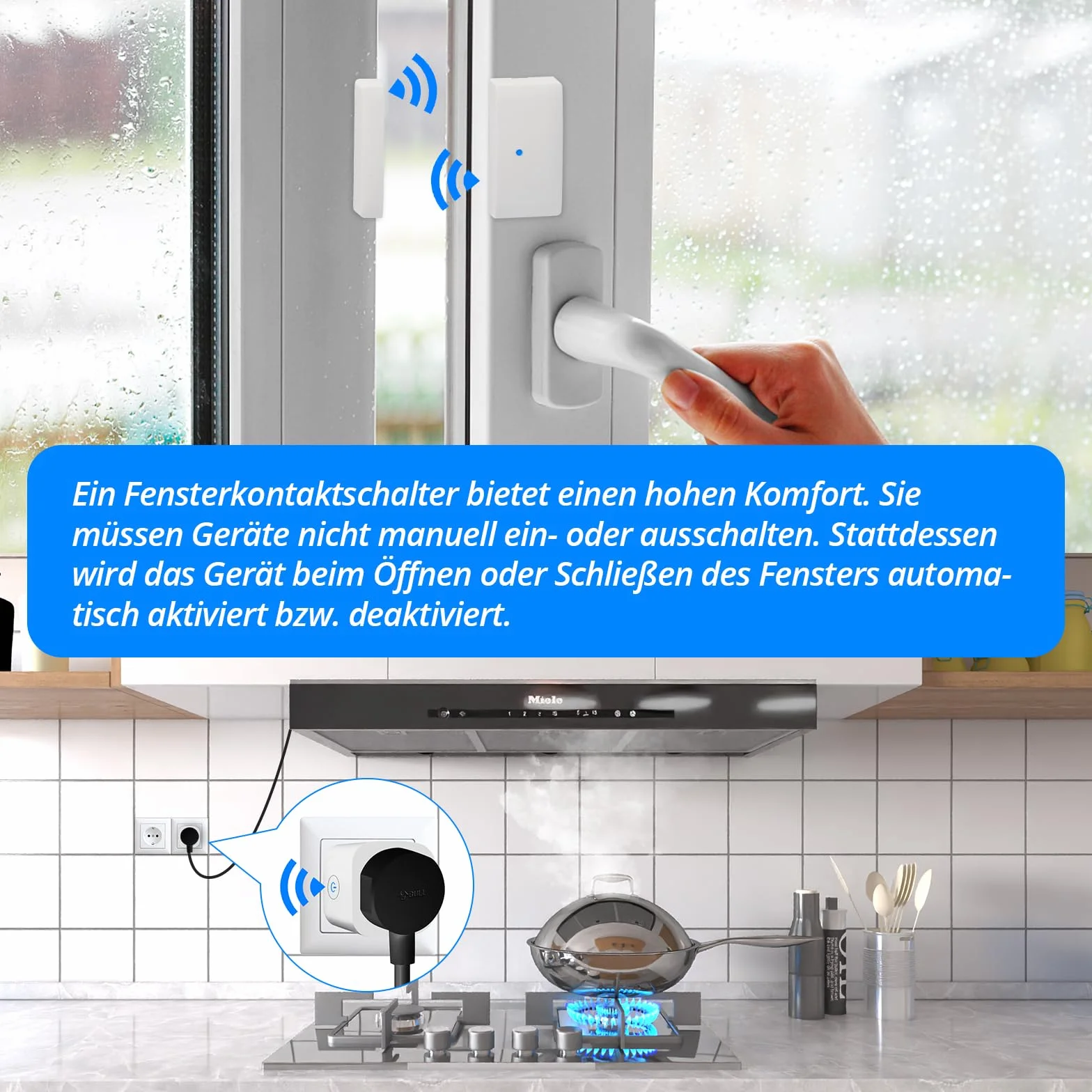 Fensterkontaktschalter für Dunstabzugshaube, Funk Abluftsteuerung, Fensterschalter, Fenster Kontaktschalter für Kamin