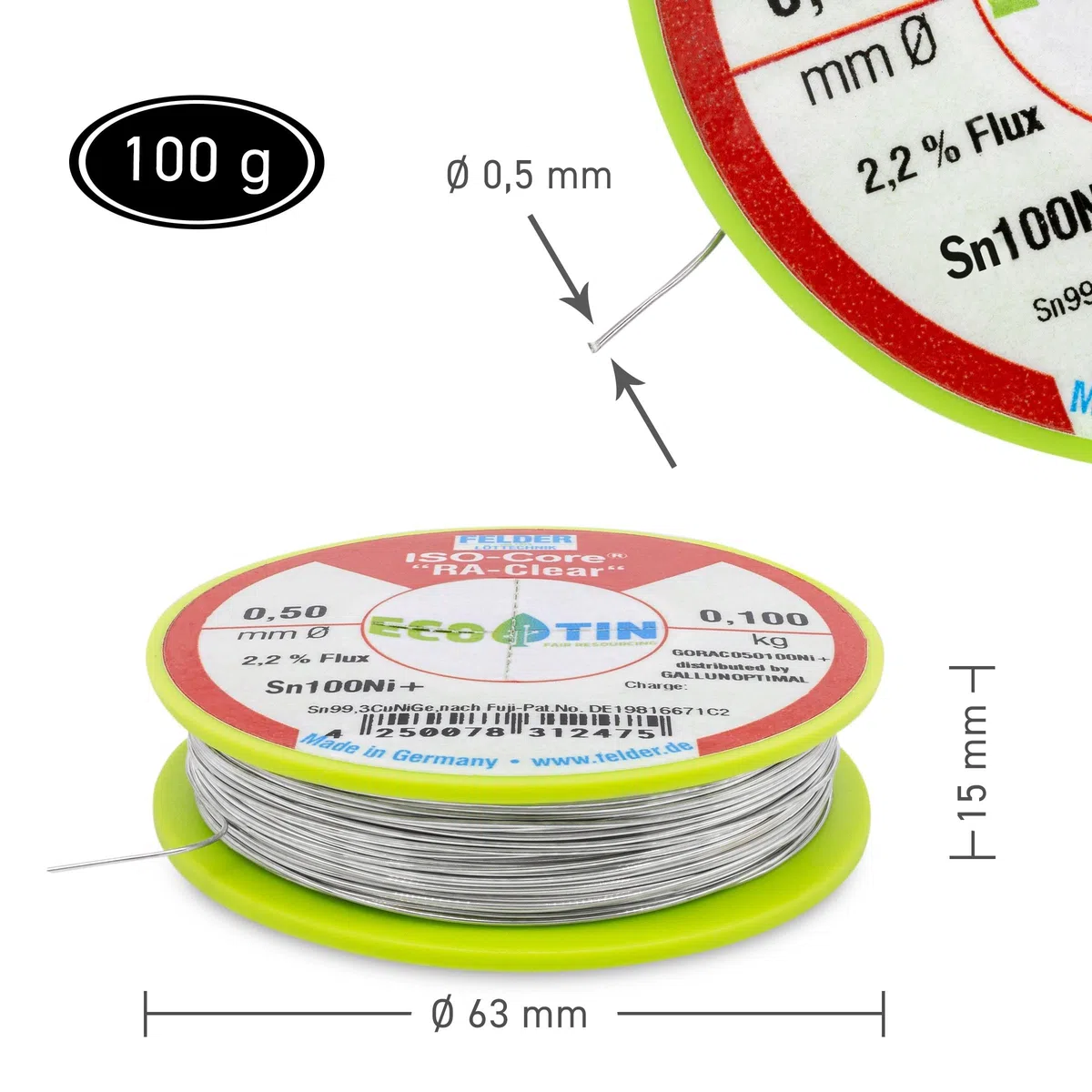 by FELDER Lötdraht Sn100Ni+ für stärker oxidierte Lötstellen | 0,5mm | 100g Spule | bleifrei mit 2,2% Flussmittel RA-Clear | REM1 | für Elektronik, Kabel und elektrische Anwendungen