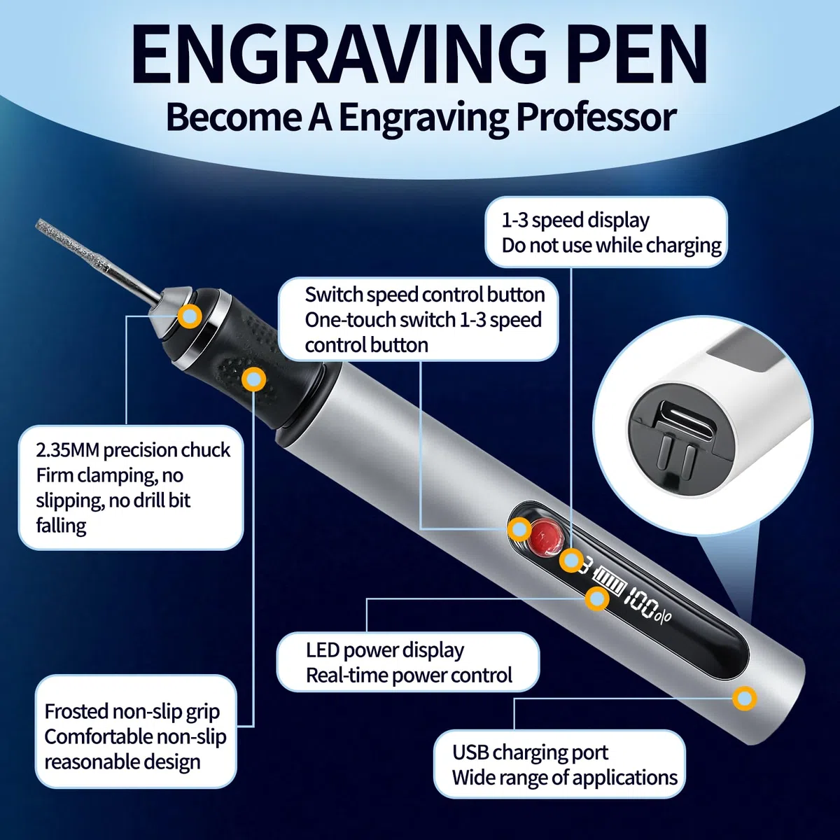 Elektrischer Gravierstift mit 30 Bits, Mini Gravierstift 3-Gang-Regler Bis 25.000 U/min USB-aufladbare Multifunktions-Graviermaschine für Schmuck,Glas, Keramik,Ideal für DIY,Hobbyist