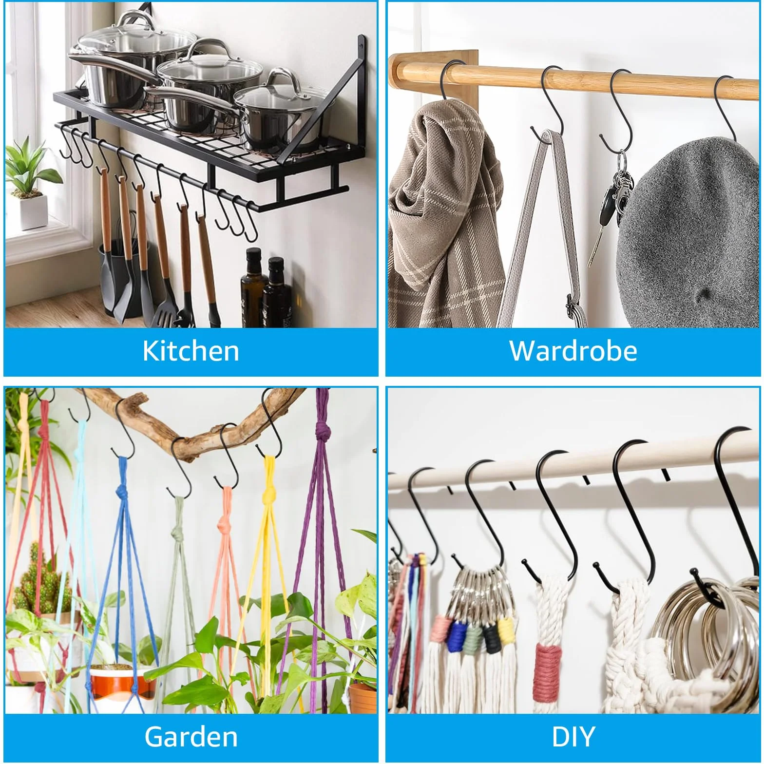 100 Stück S Haken Schwarz, 9 cm S Förmige Haken Schwarz, Metallhaken zum Aufhängen von Kleidern, Töpfen und Schalen, Geeignet für Küche, Bad und Schlafzimmer