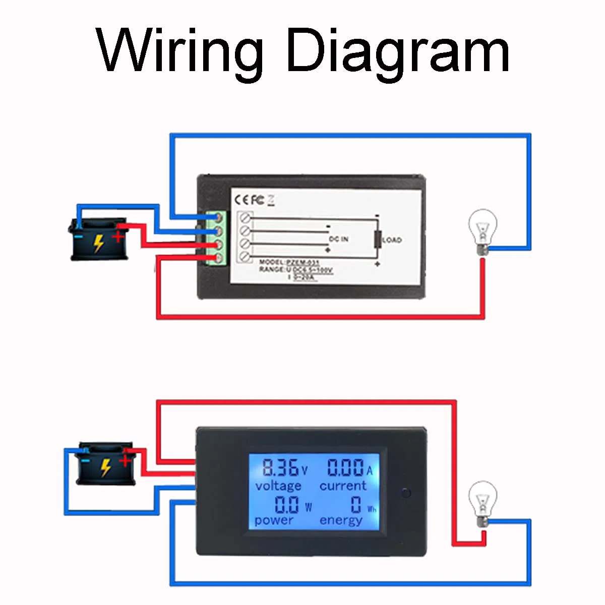 Greluma 1 Stück DC 6.5-100V 20A LCD Anzeige Digital Strom Spannung Energie Meter Multimeter Amp Voltmeter, 4 in 1 Digital Amp Volt Watt Kwh Meter Prüfer Messgerät