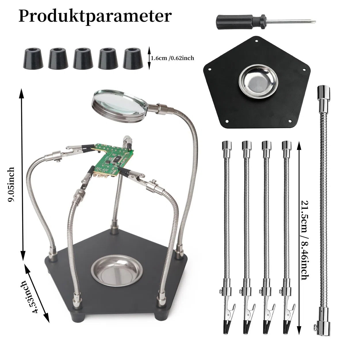 Dritte Hand Löten, Platinenhalter mit Lupe zum Löten, Modellbau Zubehör 4 Arms Helfende Hand Löten Leiterplattenhalter Werkzeug für Handwerk Schmuck Hobby Werkstatt