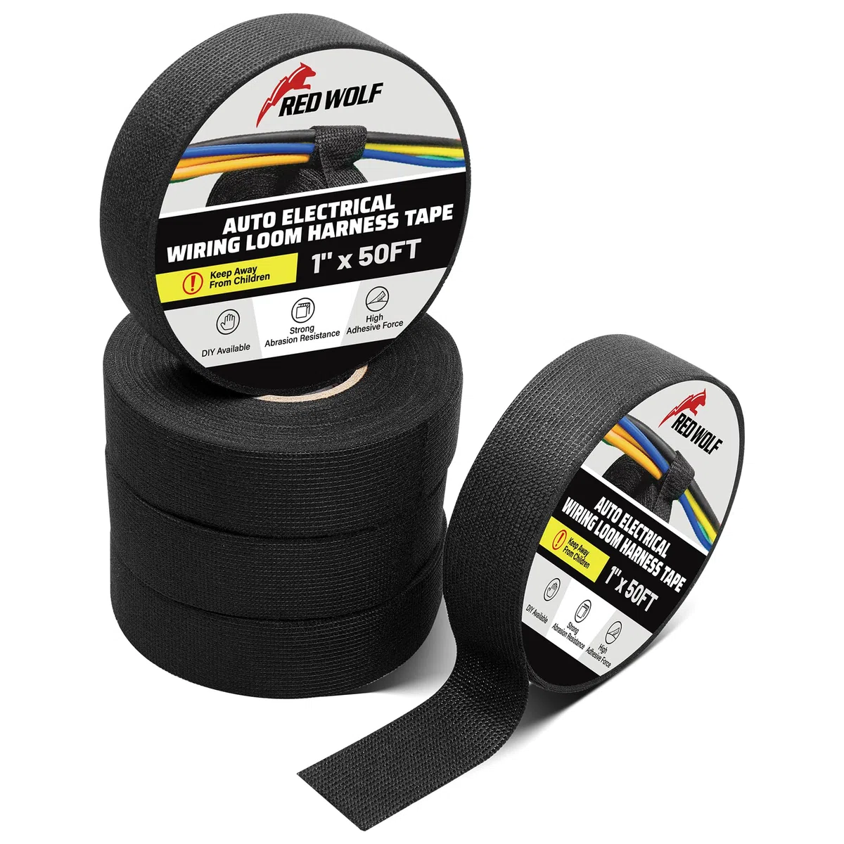 RED WOLF Isolierband Hitzebeständig Kfz Gewebeband Auto Kabel Klebeband Elektrische Kabel Stoffband Selbstklebendes Mehrzweckfilzband 15m x 25mm 5 Stück
