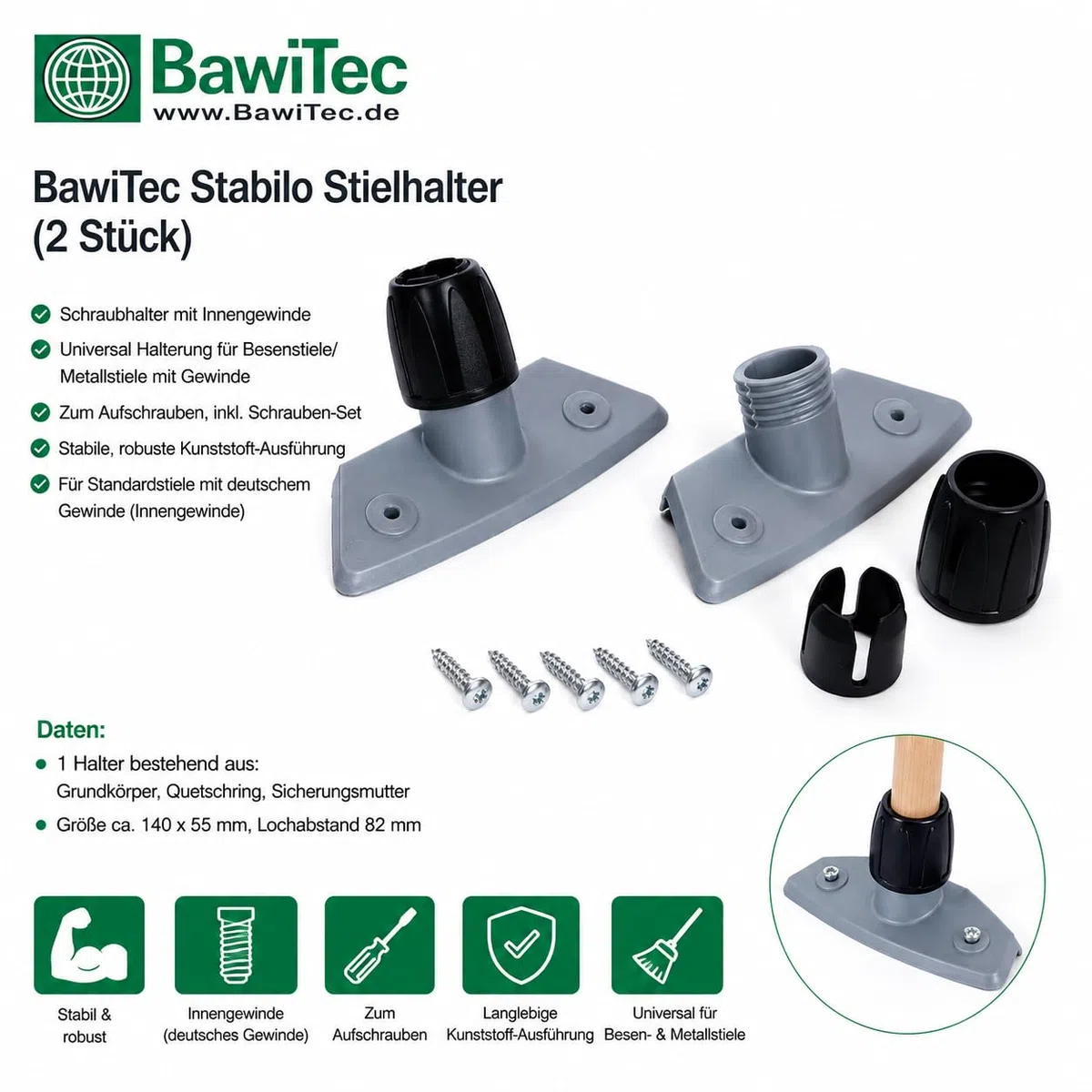 2 Universal Stielhalter Besenstiel Gewinde Halterung für Stiele Besen etc. | Mit Gewinde, Inkl. Schrauben, Ersatz Halterung, Für Standardstiele, Für Besen Schrubber Wischer