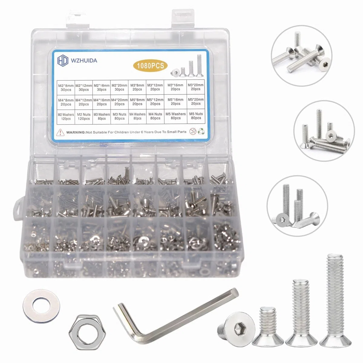 1080 Stück M2 M3 M4 M5 Schrauben Muttern und Unterlegscheiben Sortiment Set, Edelstahl Senkkopfschrauben mit Innensechskant Schrauben Muttern Set mit 4 Schraubenschlüsseln