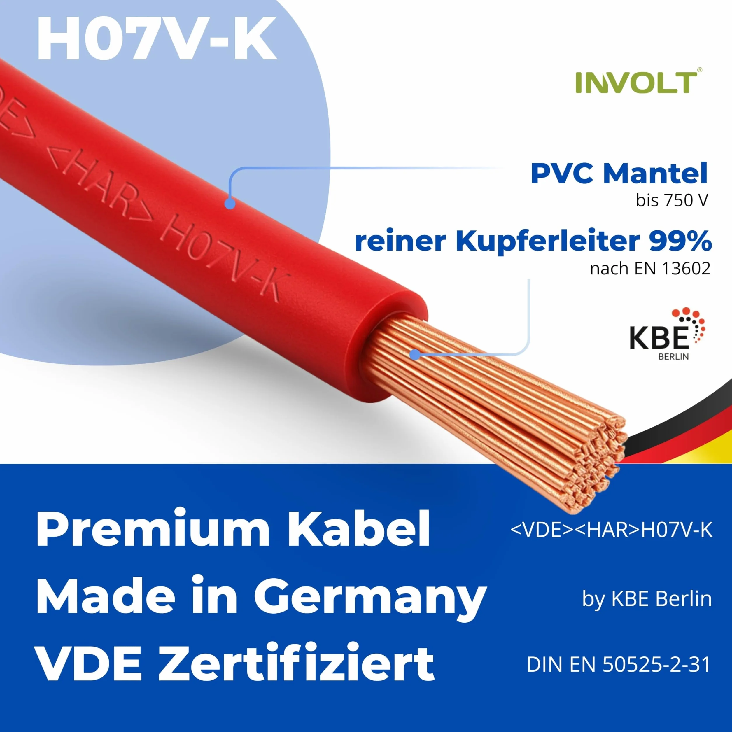 INVOLT H07V-K 10m 6mm² schwarz Aderleitung flexibel Verdrahtungsleitung PVC Meterware, Made in Germany