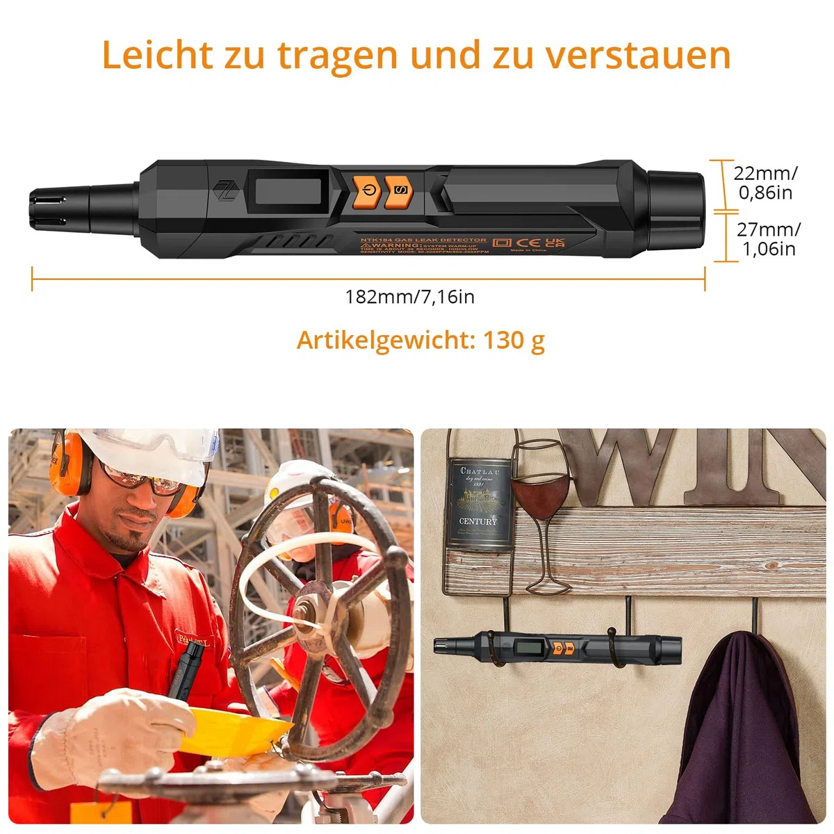 Neoteck Gasmelder Gaslecksuchgerät mit Visuellem und Akustischem Alarm Tragbarer Gasdetektor zum Aufspüren von brennbaren Gasleckquellen wie Methan, Propan für zu Hause