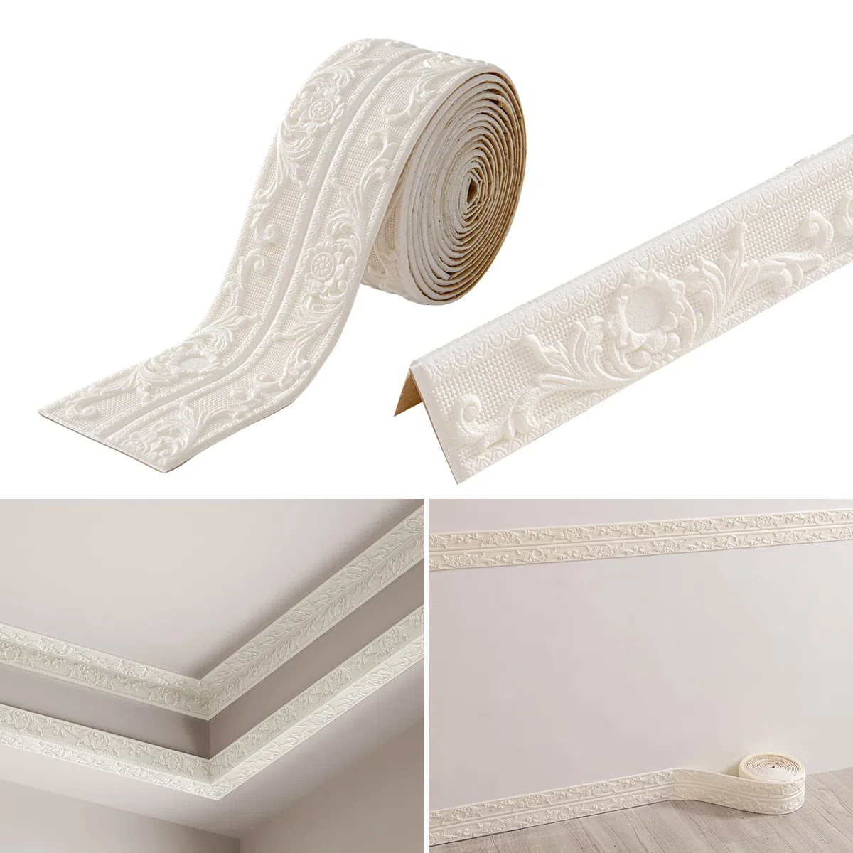 Bordüre Selbstklebend, Wandbordüre 4,5m x 10cm x 8mm, Rokoko-Stil Zierleisten, Wasserdicht 3D Tapetenbordüre für Flur, Decke, Ecke, Linie (Weiß)