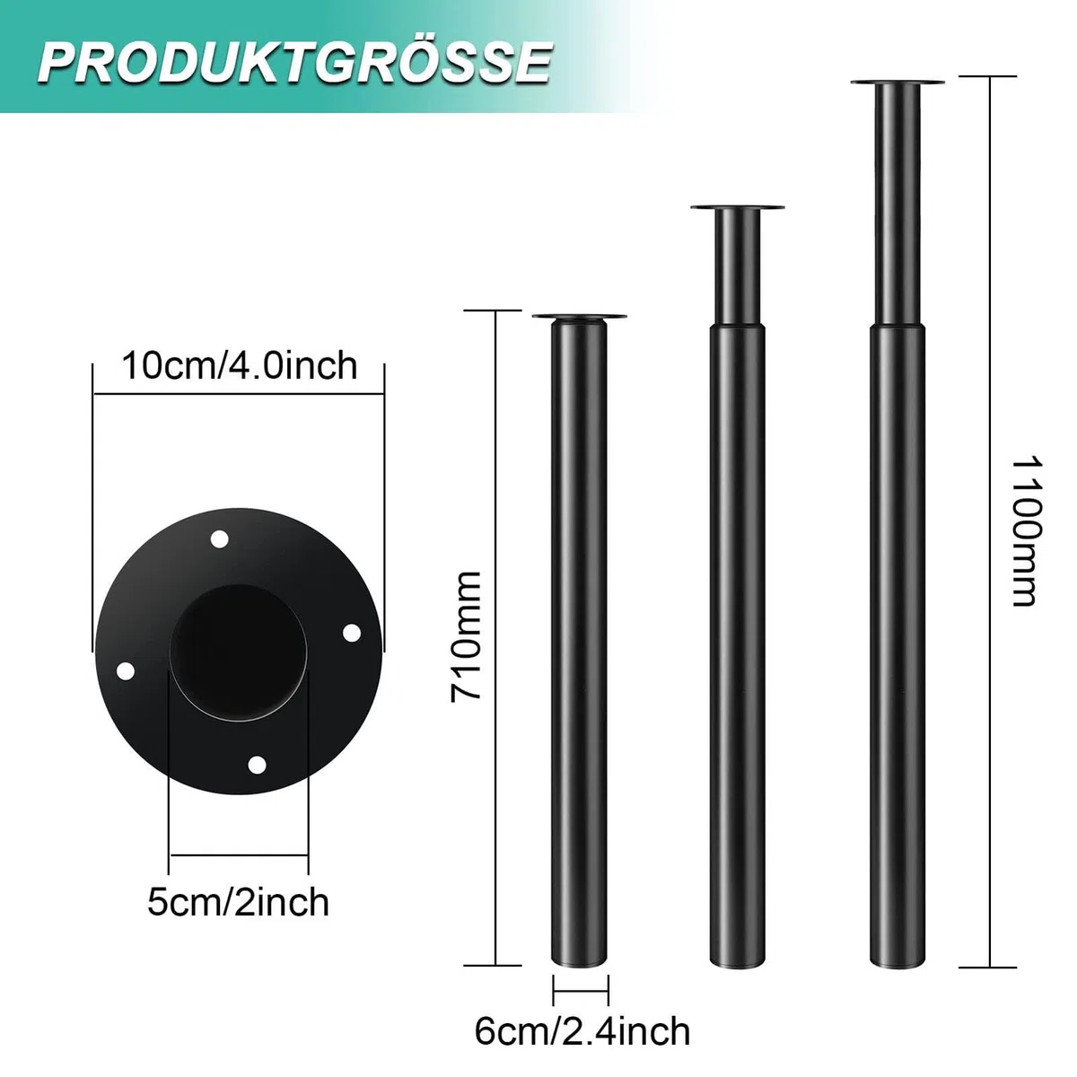 Verstellbare Möbelbeine aus Edelstahl – Höhenverstellbare Tischbeine 710–1100 mm, Ø60 mm, rutschfeste Basis, Robuste und Langlebige Tischbeine für Küche (Schwarz, 1 PC)