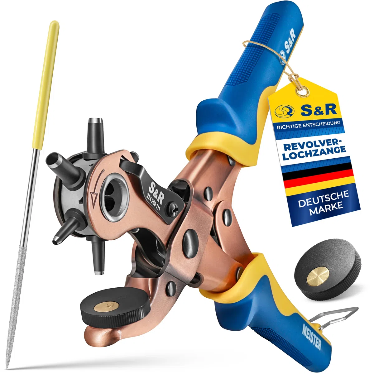 S&R Ergonomische Revolverlochzange aus Kohlenstoffstahl – Präzise Stanzzange mit Rund- und Oval-Locheisen, Größen 2-4,5 mm, für Leder, Gürtel, Schuhe, Sattel, Plastik