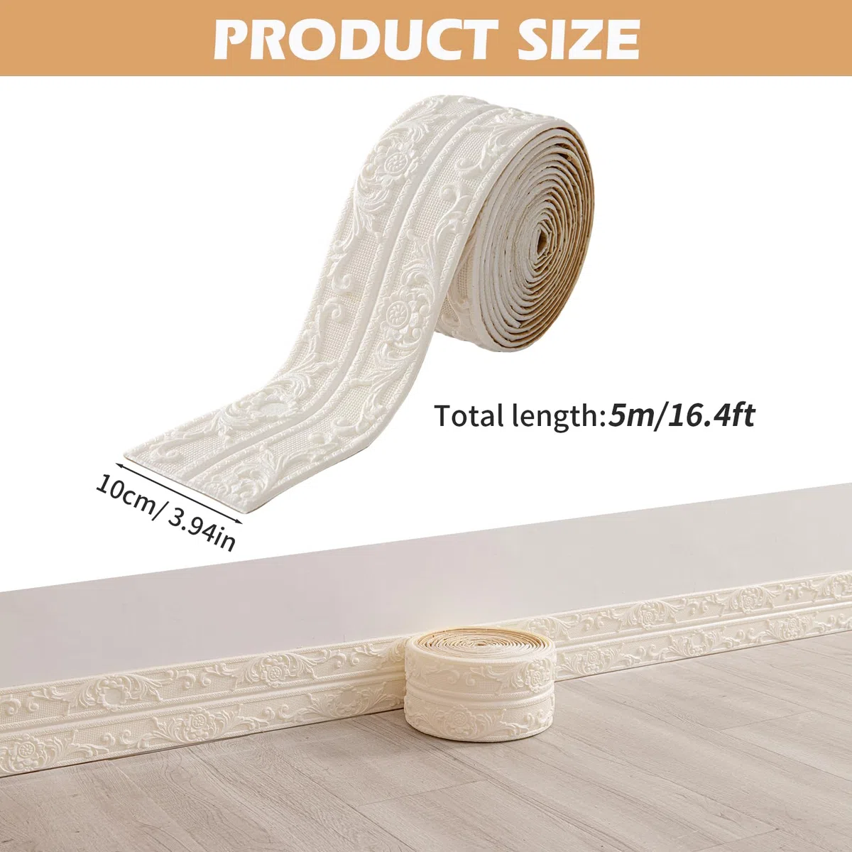 Bordüre Selbstklebend, Wandbordüre 4,5m x 10cm x 8mm, Rokoko-Stil Zierleisten, Wasserdicht 3D Tapetenbordüre für Flur, Decke, Ecke, Linie (Weiß)
