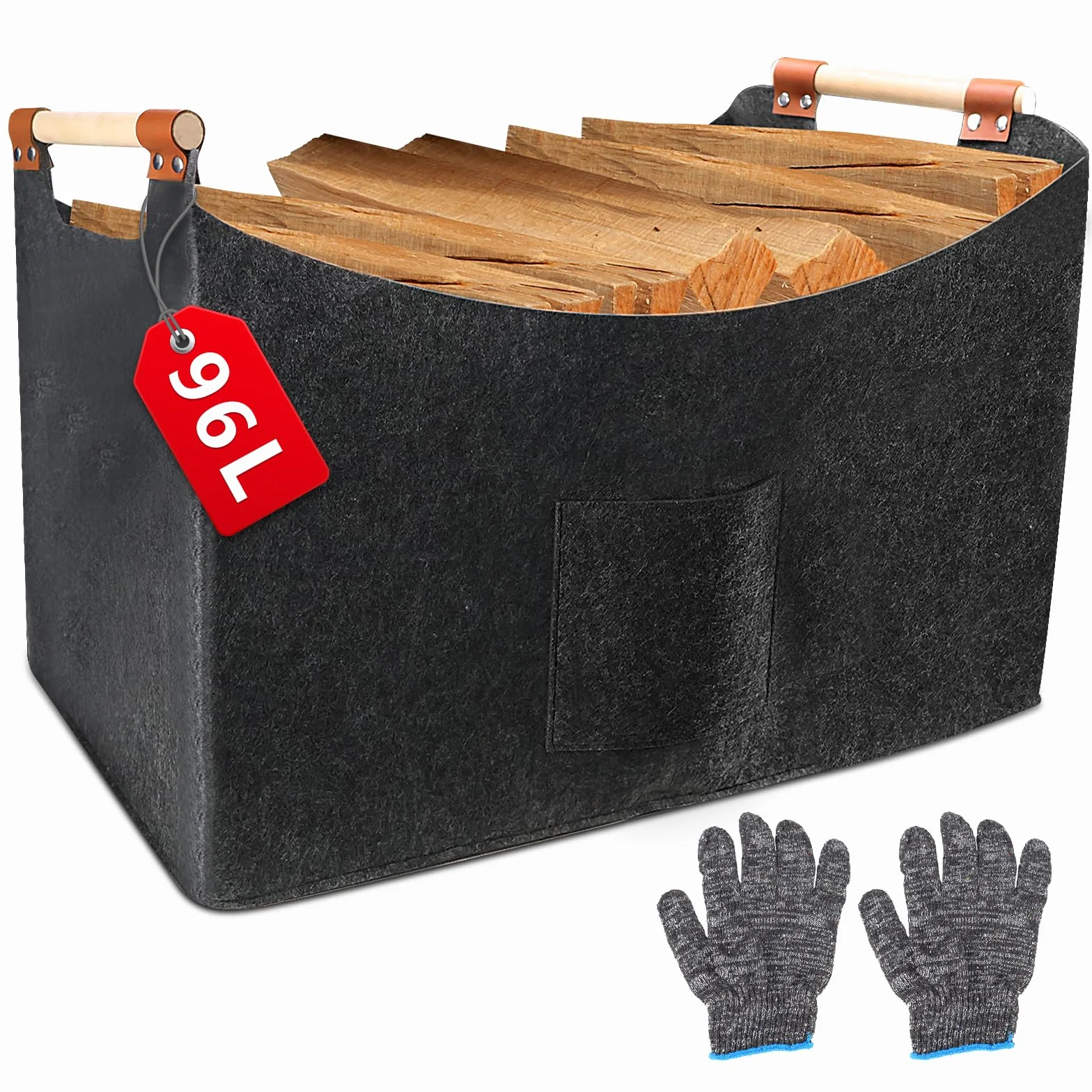 Kaminholzkorb Filz XXL(96L, 60x40x40cm), Holzkorb für Kaminholz Groß, Extra Dicker Filz, Faltbarer Brennholzkorb, Mit Holzgriff und Handschuhen, für Brennholz, Einkäufe (60 * 40 * 40cm)