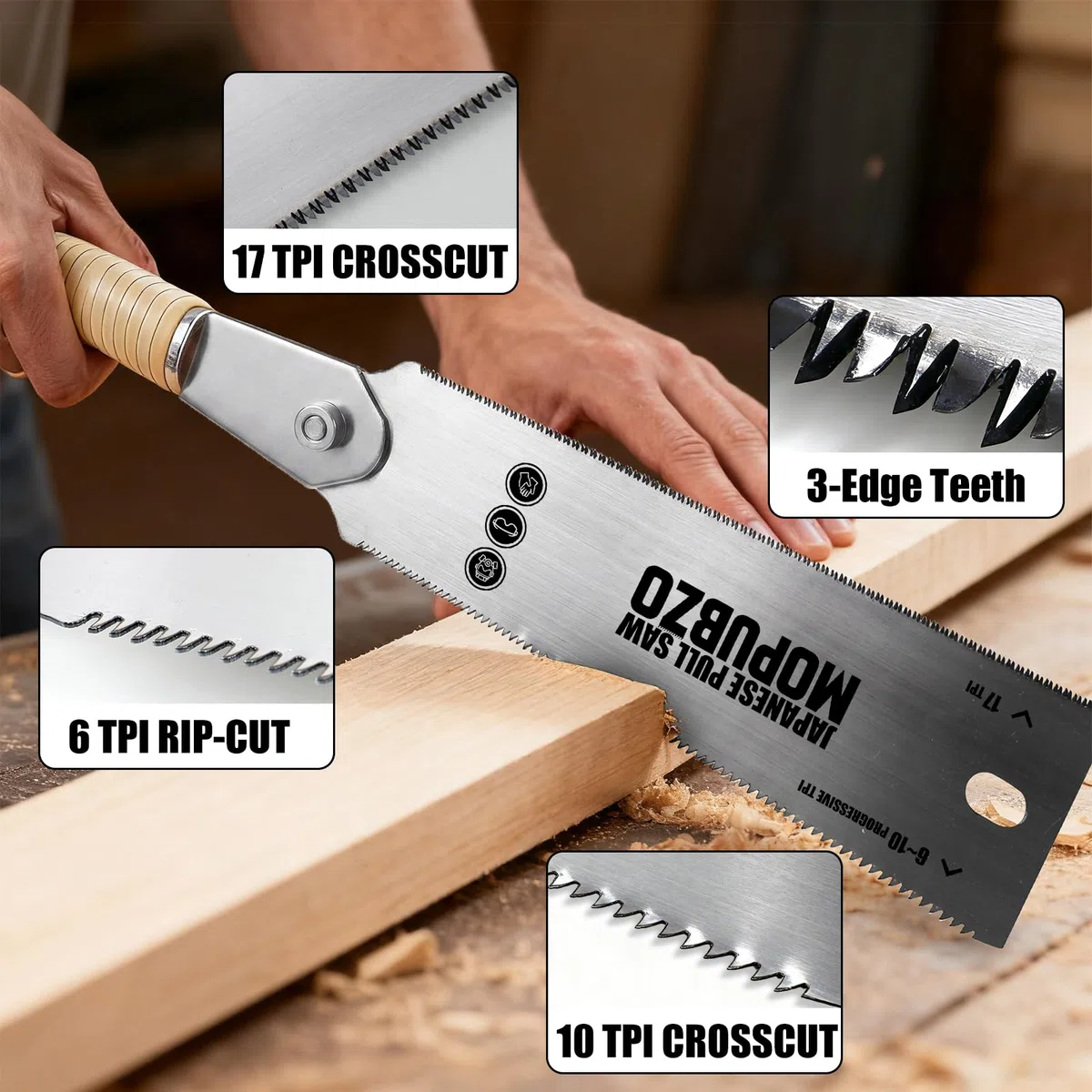 60cm Ryoba Japansäge mit 6-10/17 TPI, Zweischneidig Zugsäge mit traditionellem Rattanholz-Griff, ideal für präzise Schnitte bei Holz, DIY-Projekte & für Querschnitt, Set inkl Wechsel-Sägeblatt