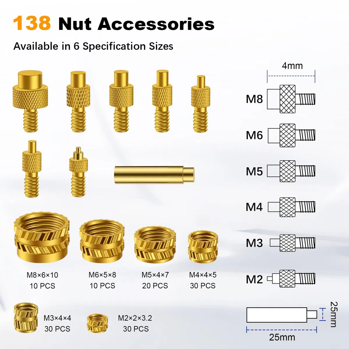 138 Stück Gewindeeinsätze Lötspitzen Set, LED-Display Einstellbare Temperatur, Enthält 8tlg. Lötspitzen und 130tlg. Gewindeeinsätz Einschmelzmuttern M2/M3/M4/M5/M6/M8, Kompatibel 3D Drucker Zubehör
