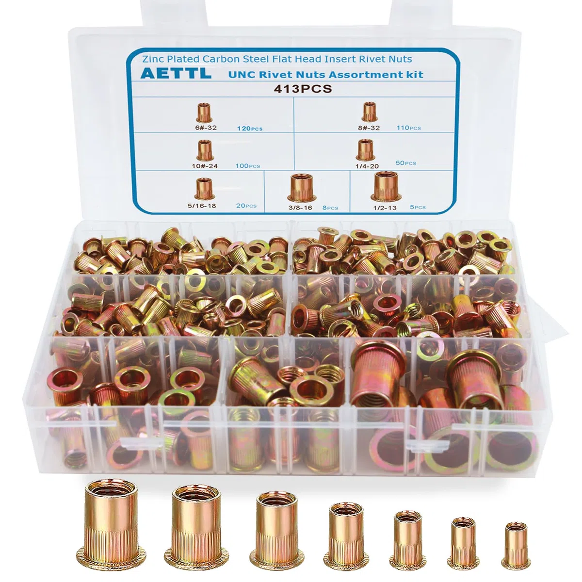 Nietmuttern-Set, AETTL 413-teiliges SAE UNC-Nietmuttern-Sortiment, verzinkte Oberfläche, Flachkopf-Nietmuttern-Set aus Kohlenstoffstahl mit Koffer