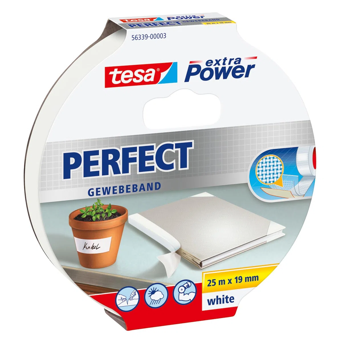 tesa extra Power Perfect Gewebeband - Gewebeverstärktes Ductape zum Basteln, Reparieren, Befestigen, Verstärken und Beschriften - Weiß - 25 m x 19 mm