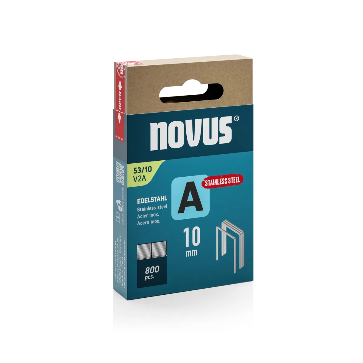NOVUS TOOLS Feindrahtklammern Typ 53 aus Edelstahl, 10 mm, 800 Stück, Tackerklammern für Stoffe, Textilien und Maschendraht, V2A Heftklammern für dauerhaften Außeneinsatz