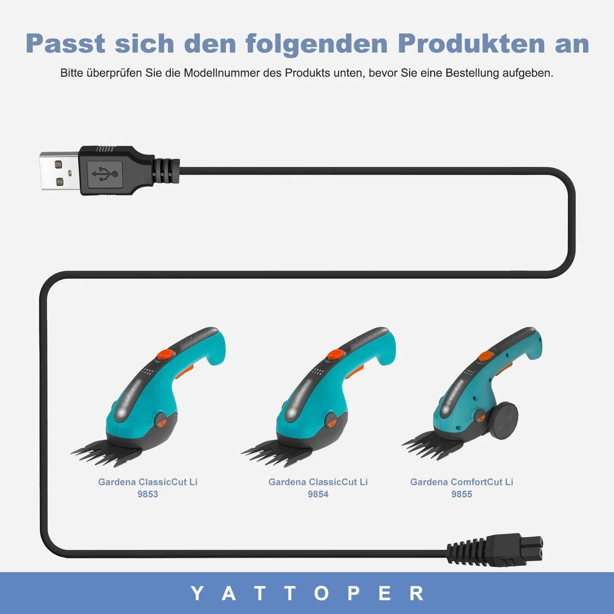 5v 1a USB Ladekabel Ersatzkabel Kompatibel mit Gardena Set ClassicCut Li 9853/9854/9855 ComfortCut Li 9856/9857/9858 Grasschere，schwarz (Nicht kompatibel mit AkkuCut Li und Gardena 9850)