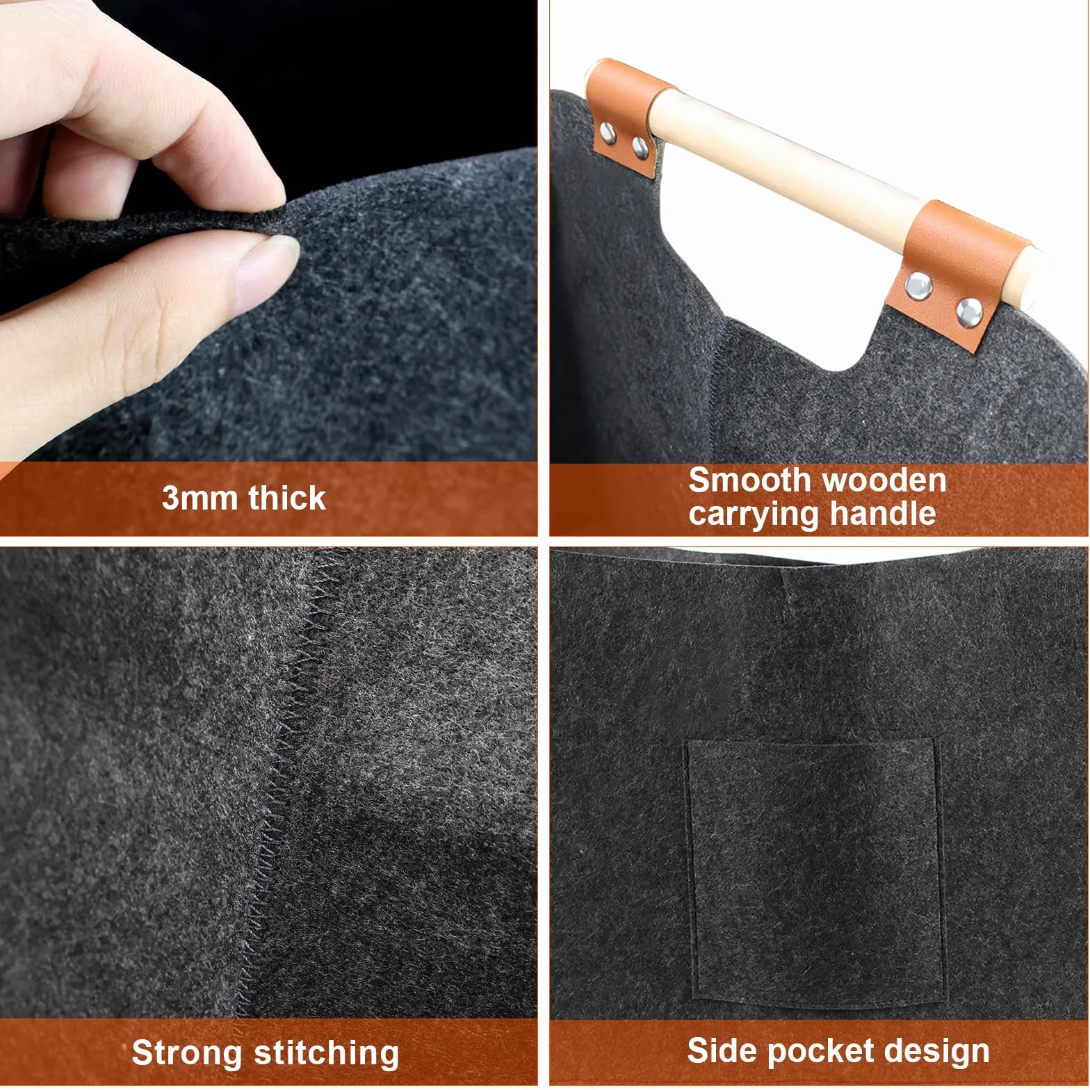Kaminholzkorb Filz XXL(96L, 60x40x40cm), Holzkorb für Kaminholz Groß, Extra Dicker Filz, Faltbarer Brennholzkorb, Mit Holzgriff und Handschuhen, für Brennholz, Einkäufe (60 * 40 * 40cm)