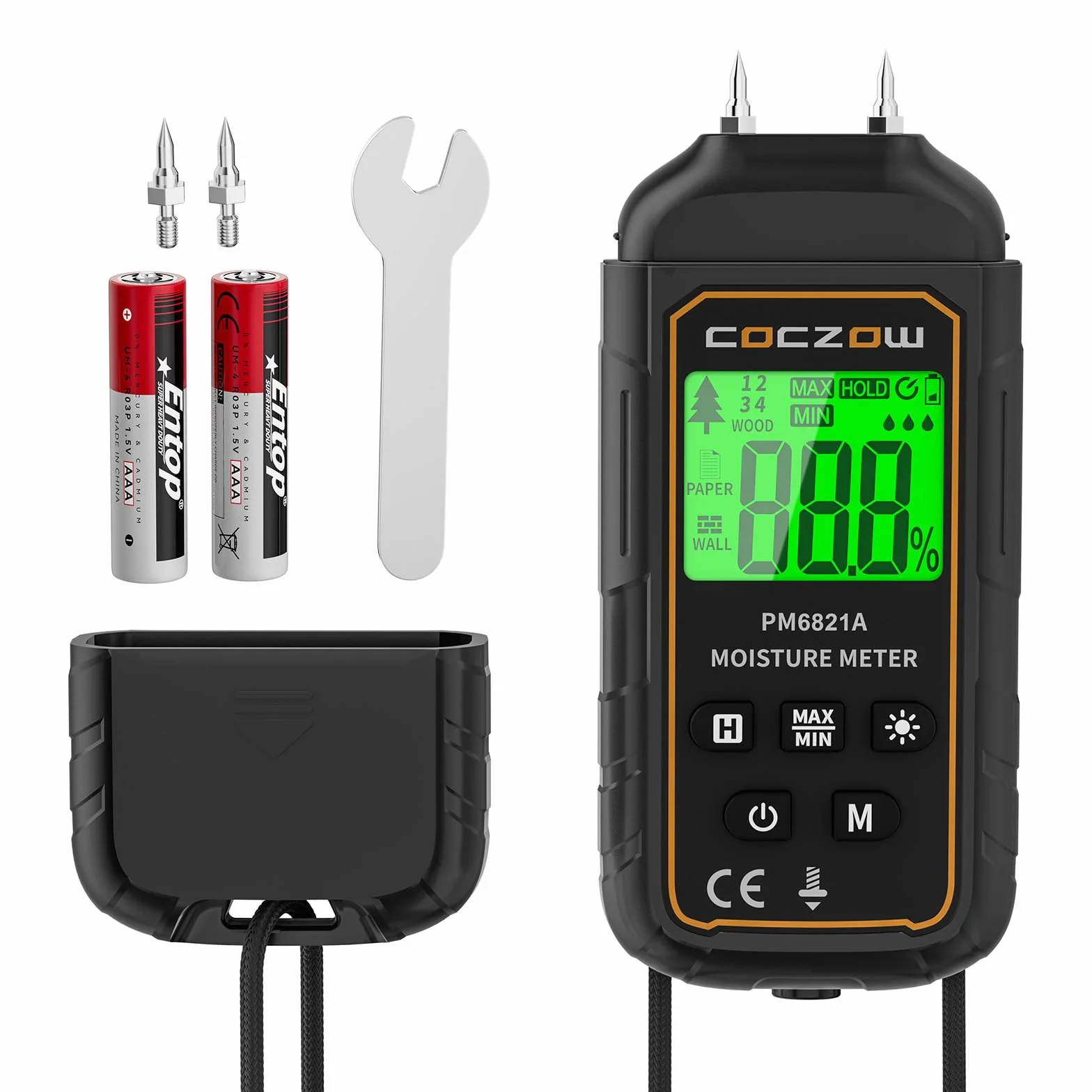 Feuchtigkeitsmessgerät, Feuchtigkeitsmesser Mit Batterie und LCD-Display, geeignet für die schnelle Bestimmung des Feuchtigkeitsgehalts von Rohholz, Papier, Sperrholz, Gipswände, Holzboden, etc.