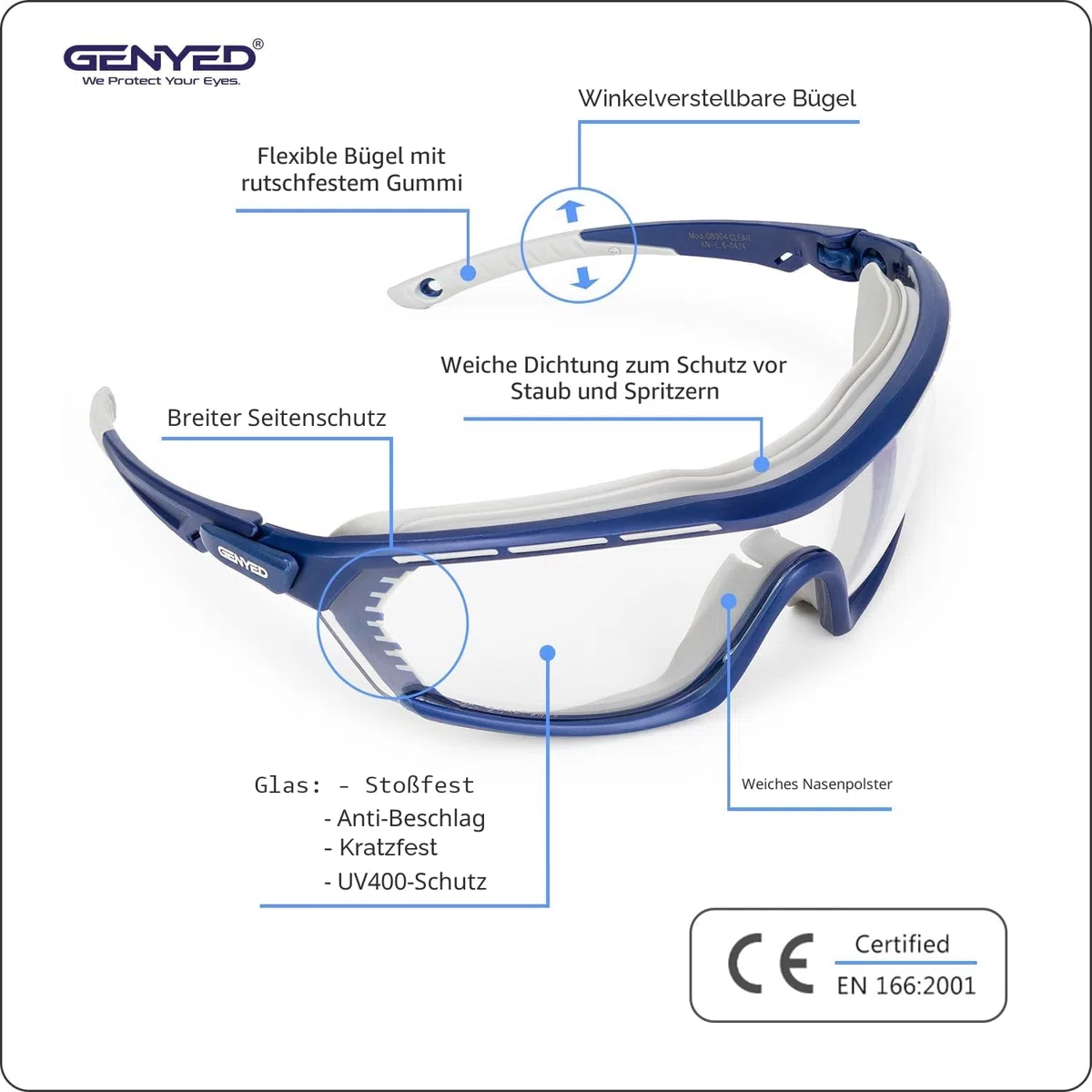 GENYED Arbeitsschutzbrille, Schutzbrille mit UV400-Antibeschlag-Anti-Kratz-Linse, CE EN166 zertifiziert, Weiche Dichtung, verstellbaren Bügeln, Arbeitsbrille, Sicherheitsbrille