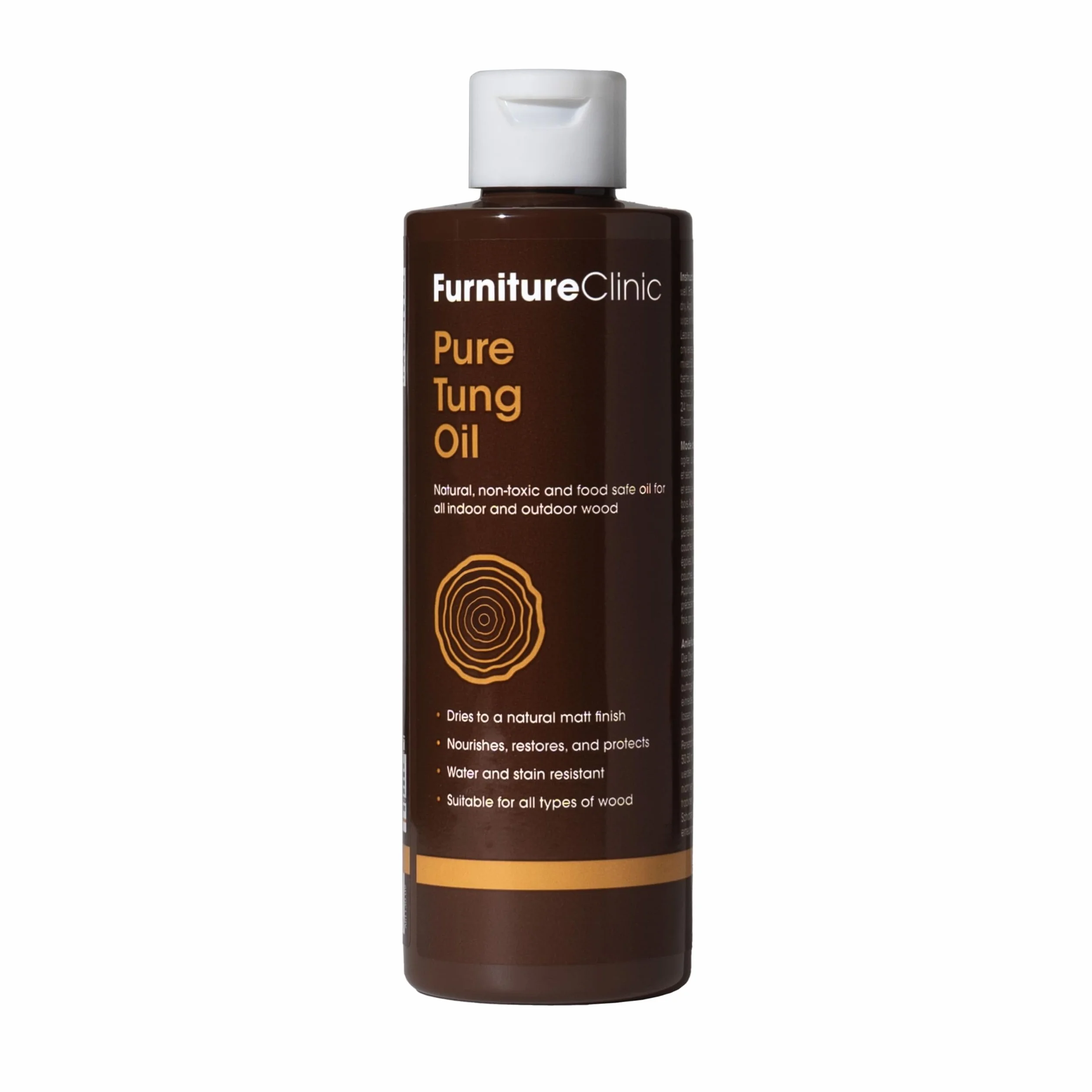 Reines Tungöl von Furniture Clinic - nährt, schützt und verschönert alle Holzgegenstände. Tung Oil ist ein 100% natürliches, lebensmittelechtes Öl für Holz im Innen- und Außenbereich - 500ml
