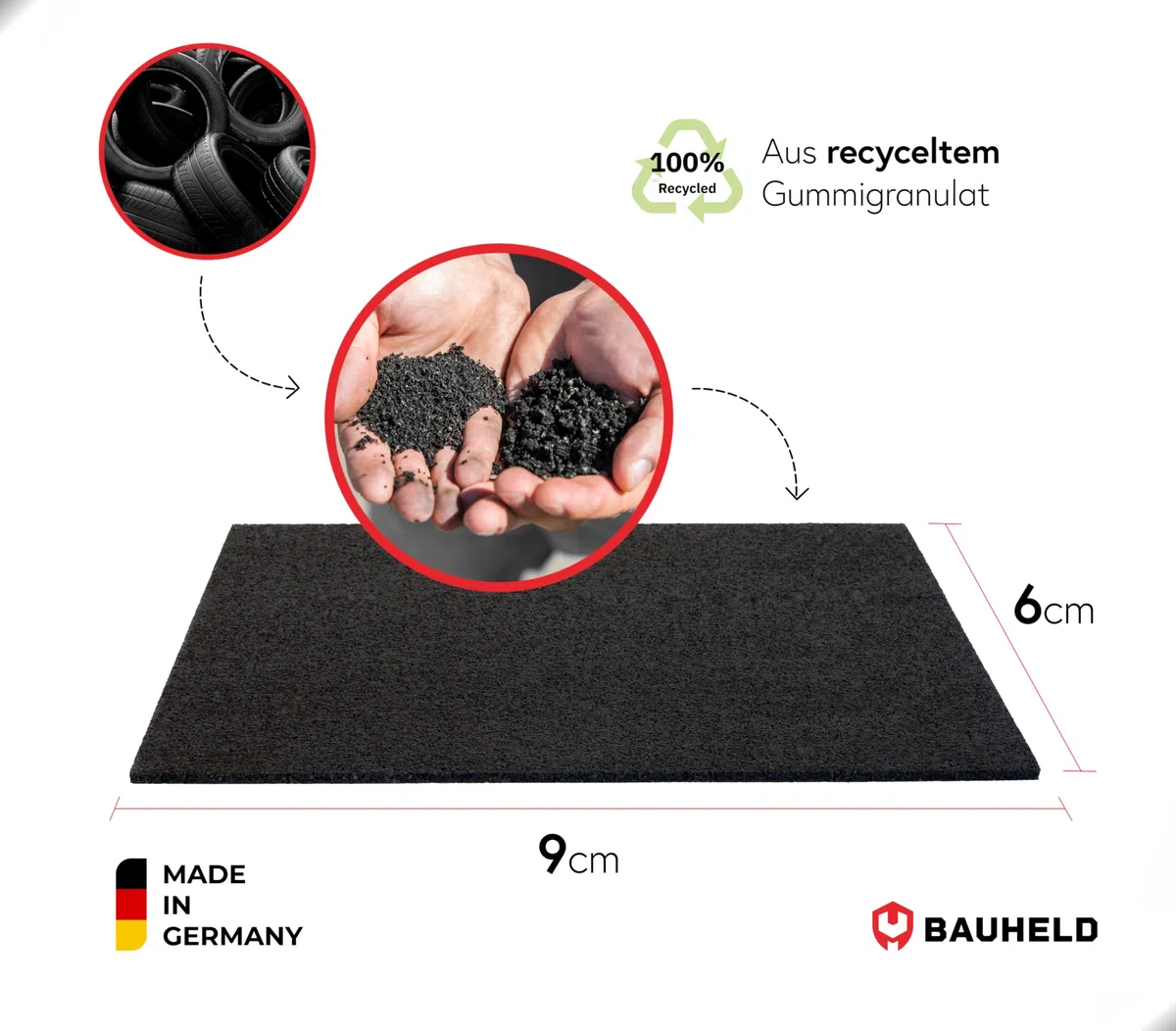 BAUHELD Terrassenpads 90x60 x 3mm [70 Stück] - Made in Germany - Antirutsch Bautenschutzmatte aus Gummigranulat - Als Unterlegplatten für Terrassen-Fliesen, WPC Terrassen-Dielen, Stelzlager, Balkon