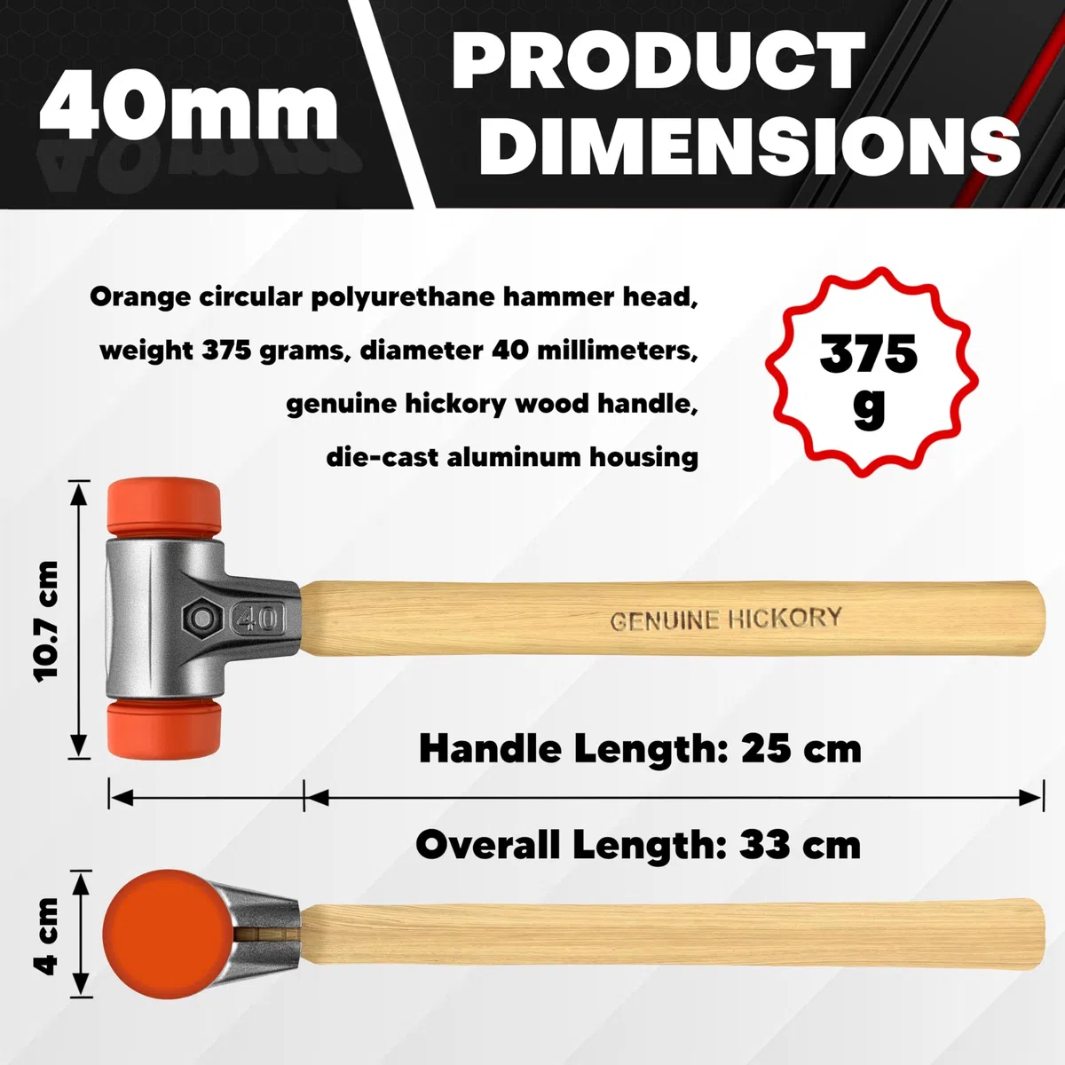 C&T Schonhammer,Rückschlagfreie Hämmer,runder PU-Hammerkopf in Orange, Gewicht 375 Gramm, Länge 330 Millimeter, Durchmesser 40 Millimeter, Griff aus echtem Hickoryholz,Gehäuse aus Aluminiumdruckguss.