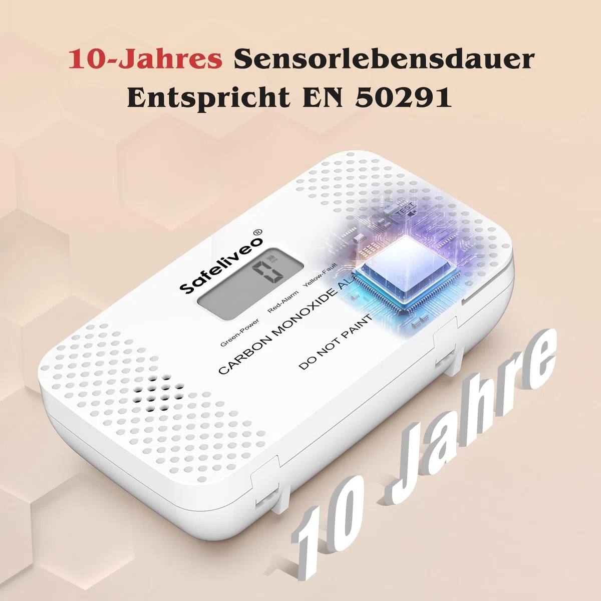 Safeliveo CO Melder mit Austauschbarer Batterie,Kohlenmonoxidmelder mit Spitzenwert Speicher & LCD Display,10 Jahre Sensor,Mit Testknopf,Für Zuhause & Wohnwagen,EN 50291,Standalone(1 Stück)